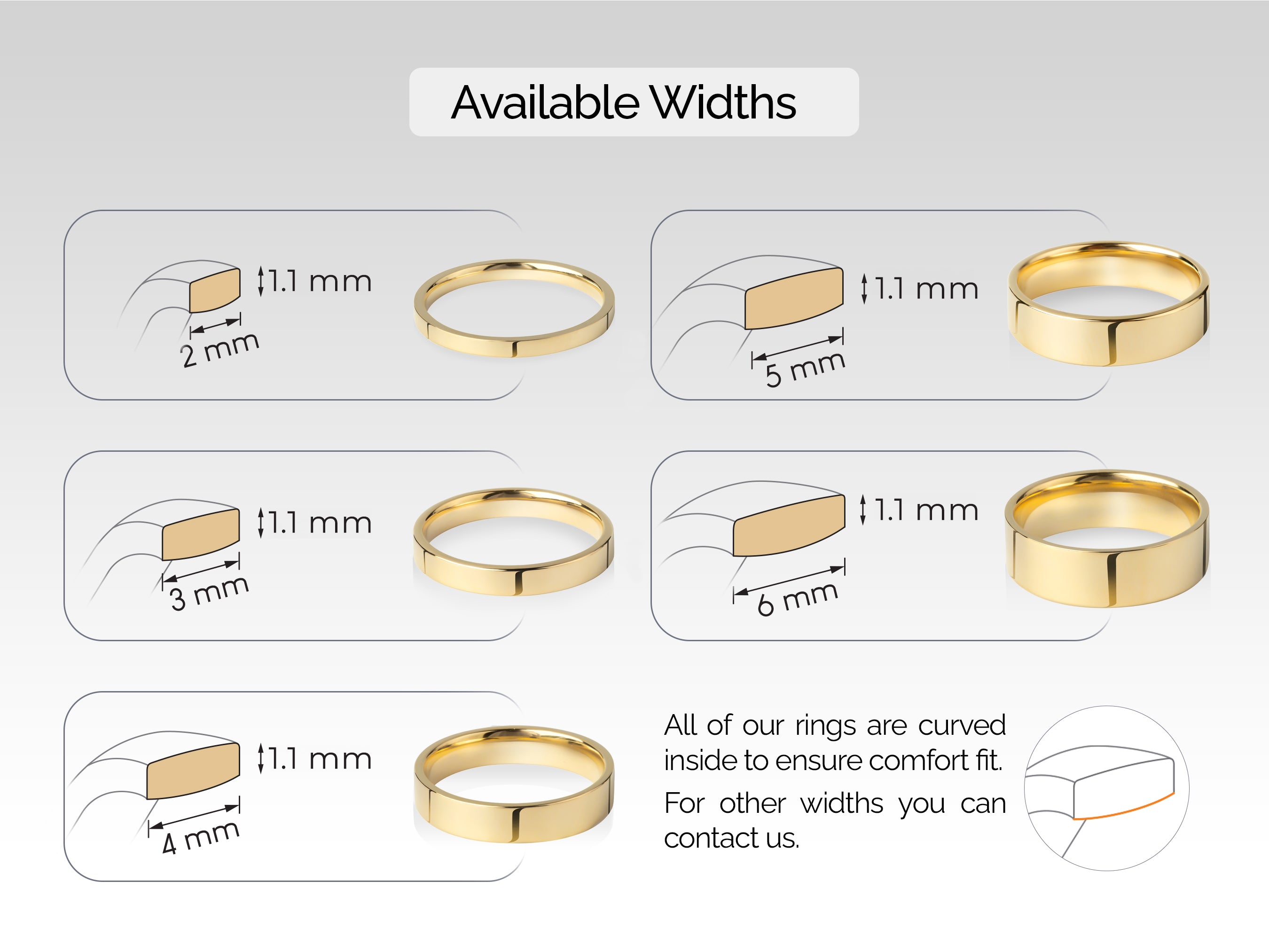 Jewelry ring widths: 2mm, 3mm, 4mm, 5mm, 6mm