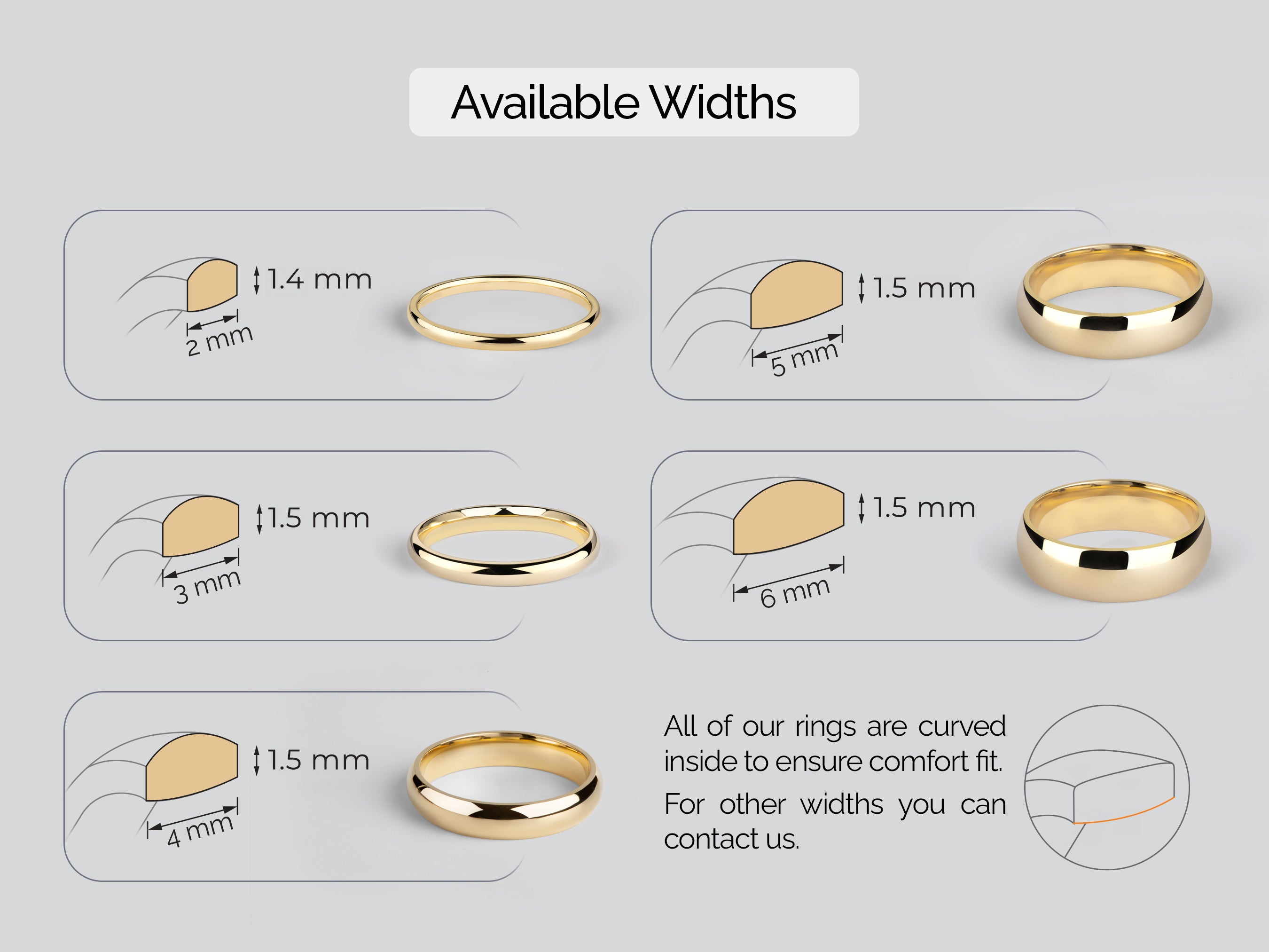 Jewelry ring widths guide: 2mm, 3mm, 4mm, 5mm, 6mm