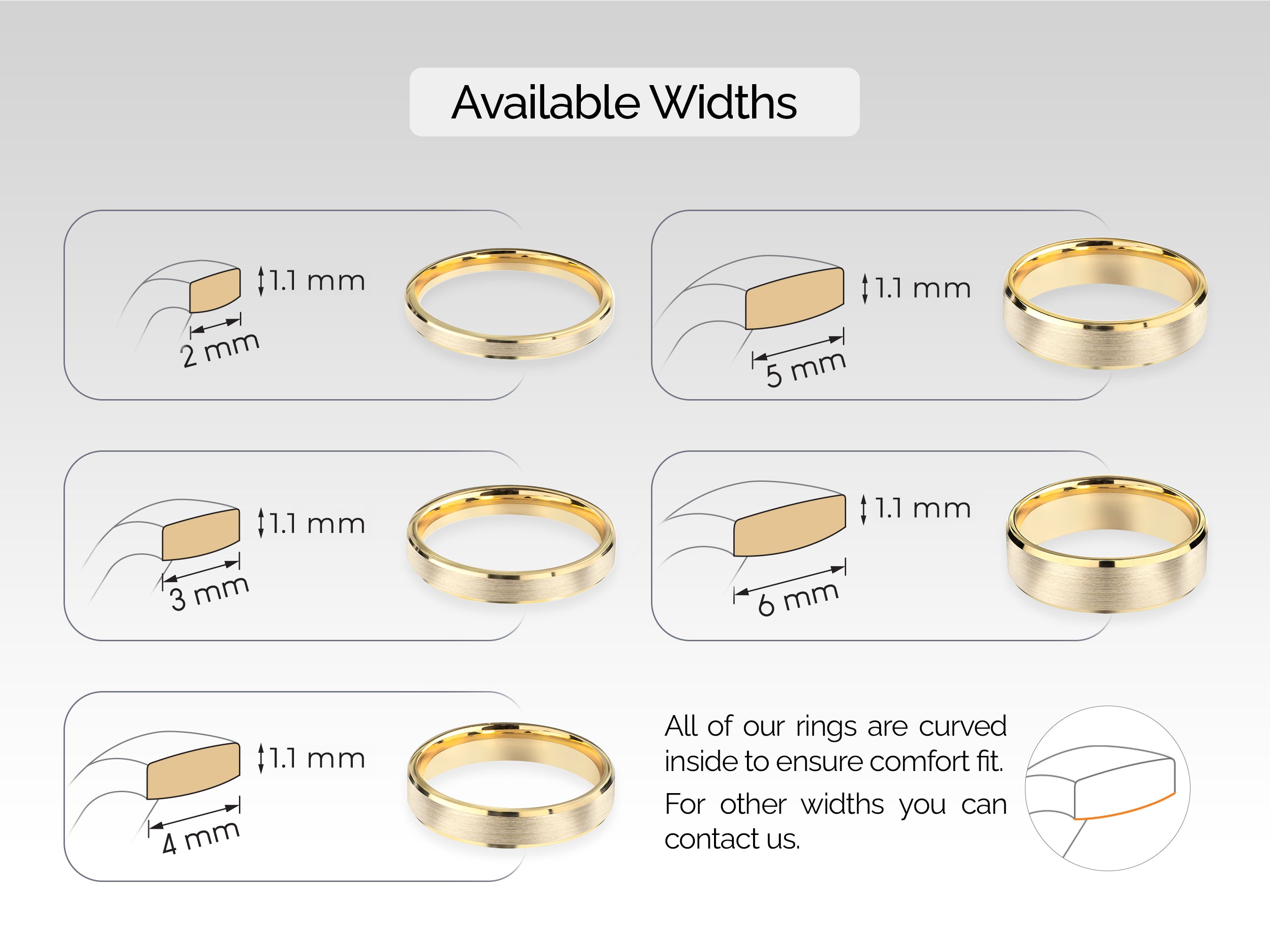 Jewelry ring widths: 2mm, 3mm, 4mm, 5mm, 6mm