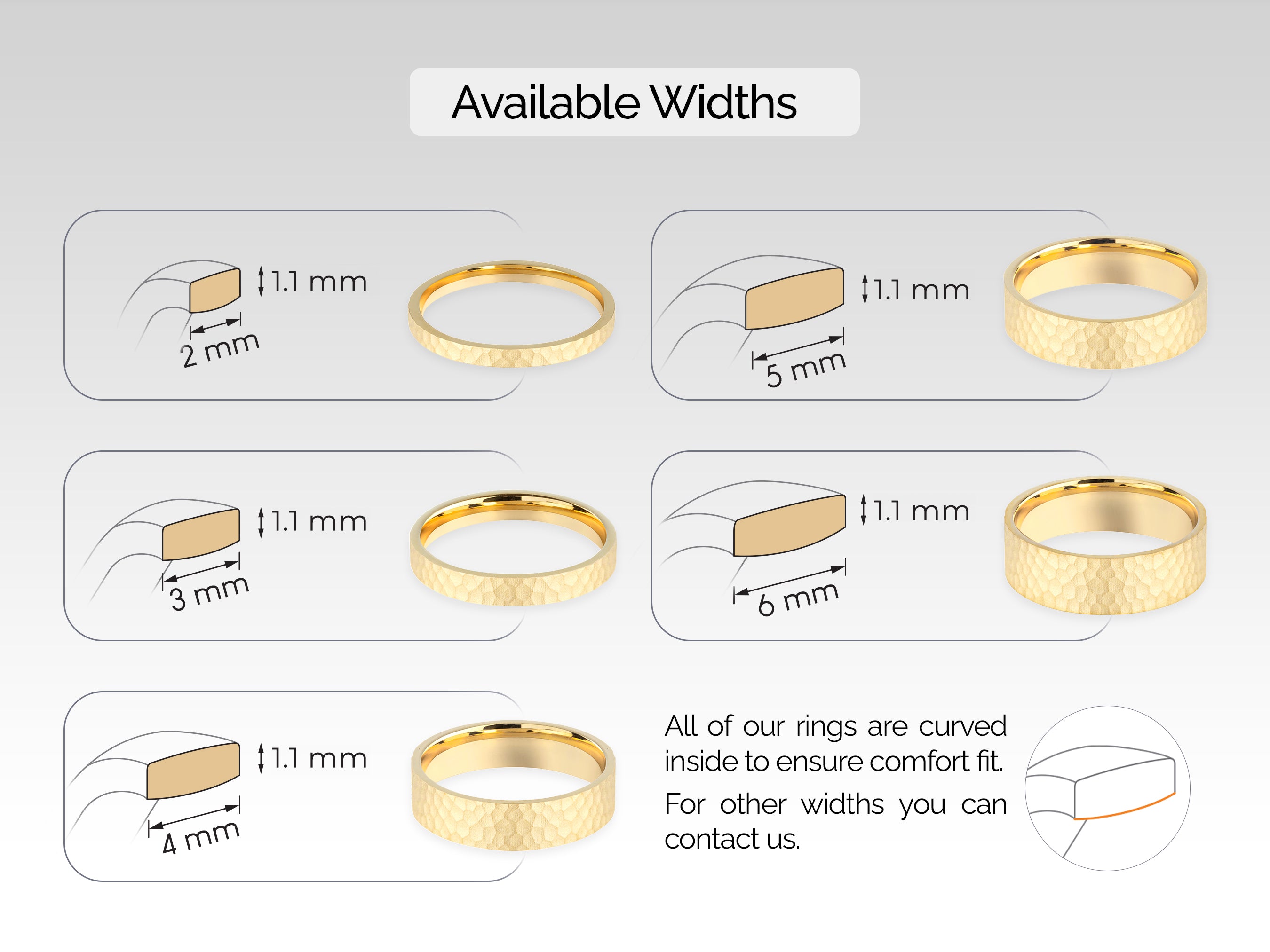Jewelry ring width guide: 2mm, 3mm, 4mm, 5mm, 6mm