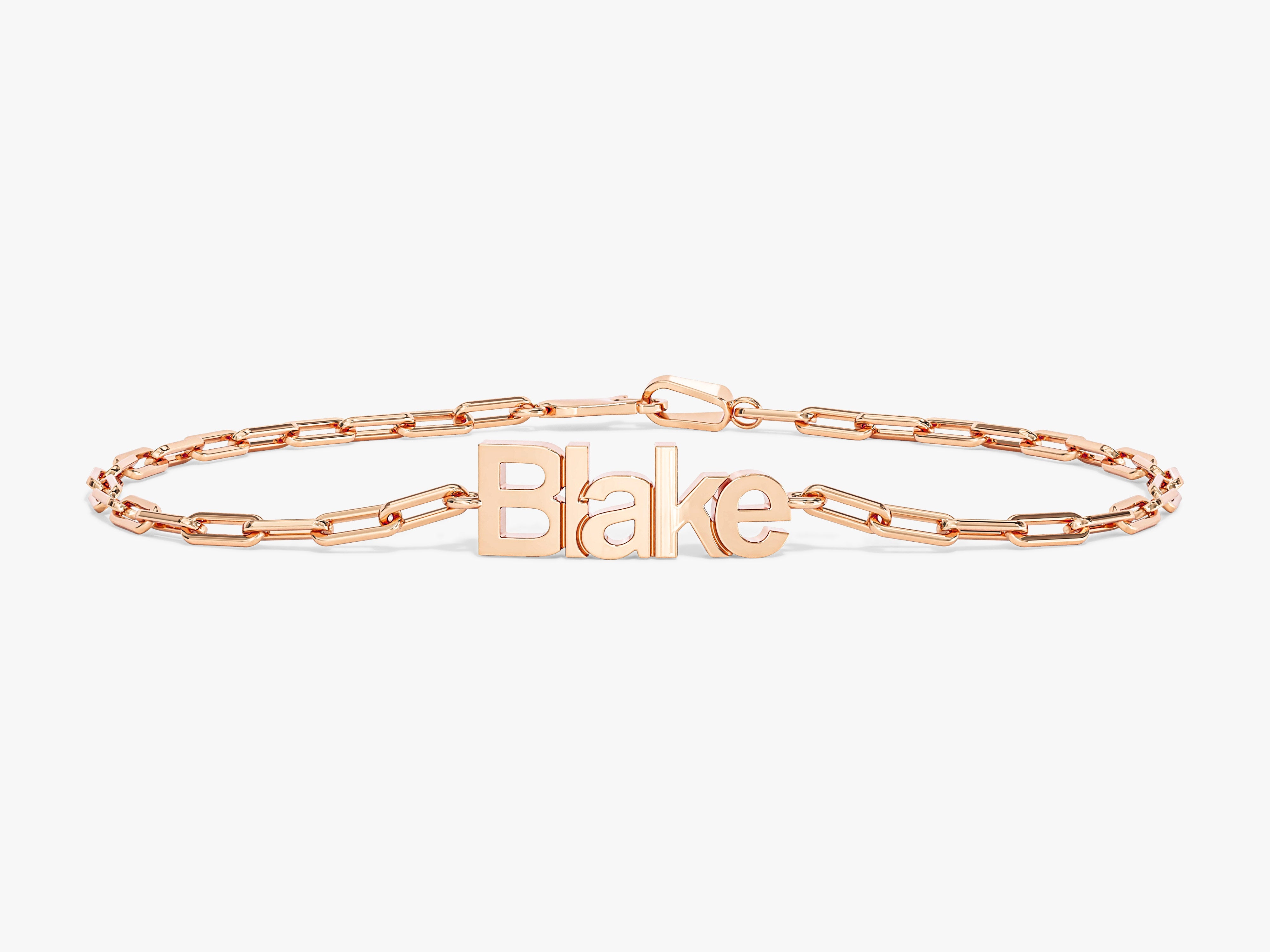 Rose gold paperclip chain bracelet with custom "Blake" nameplate jewelry