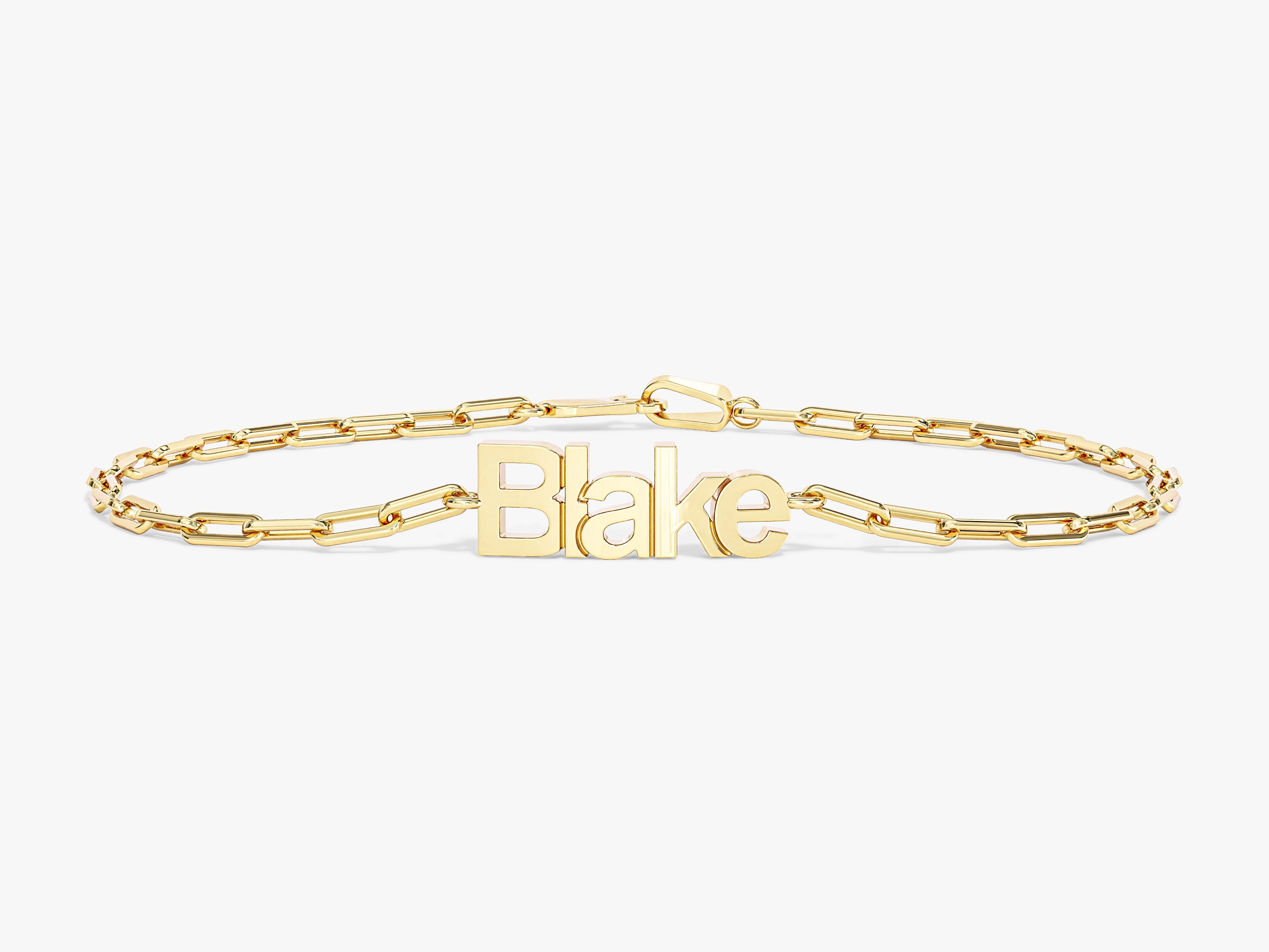 Gold paperclip chain bracelet with custom "Blake" name charm