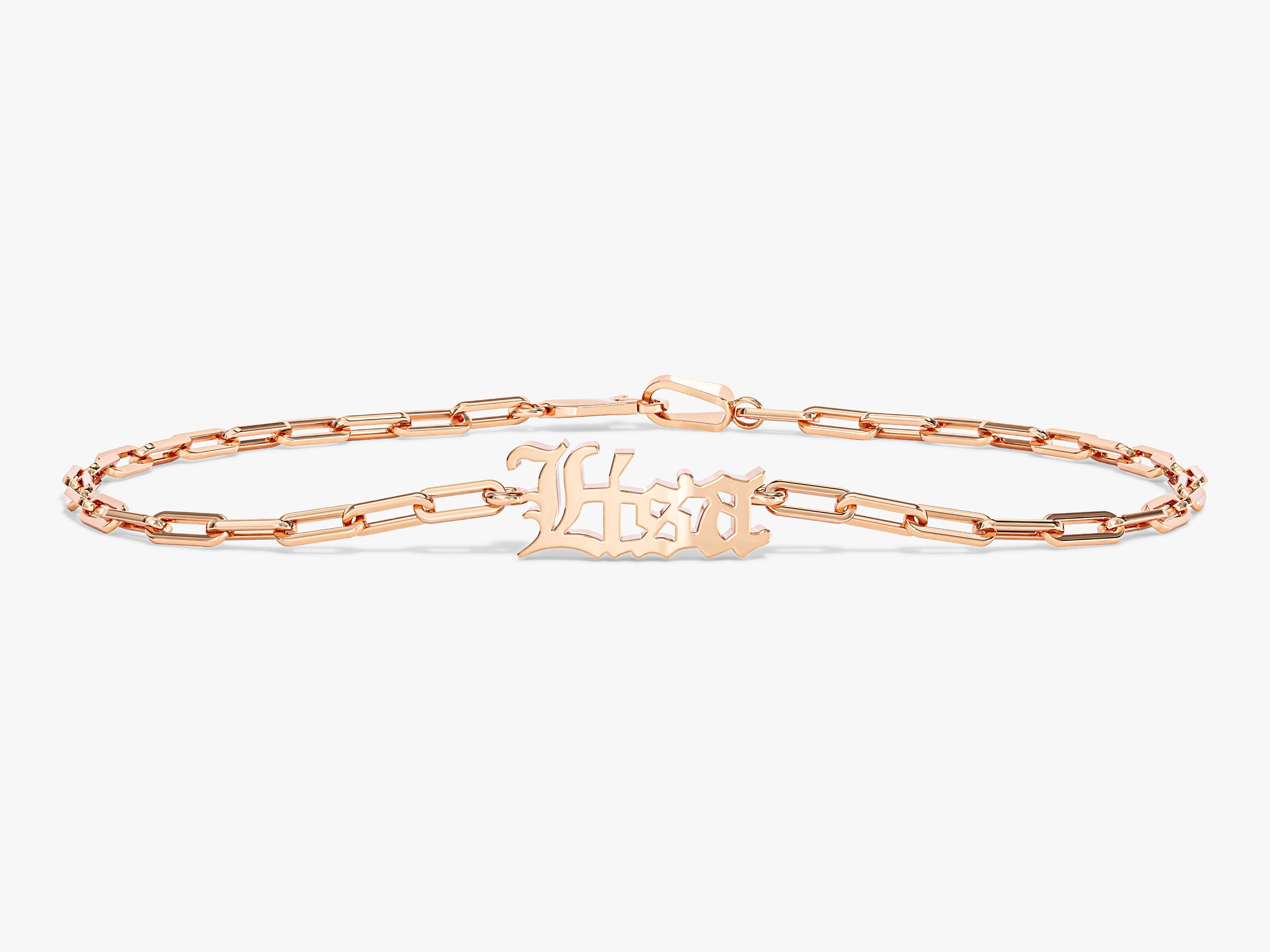 Rose gold paperclip chain bracelet with gothic initial charm