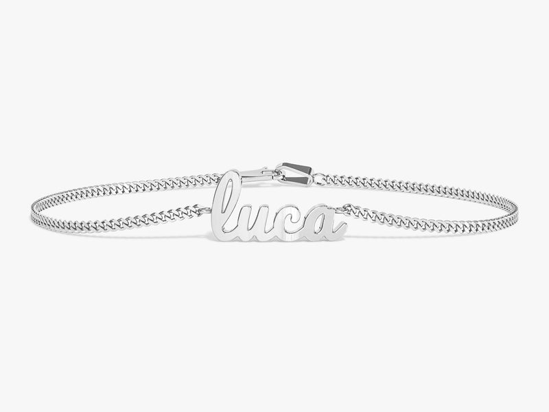 Silver name bracelet with "Luca" in cursive font