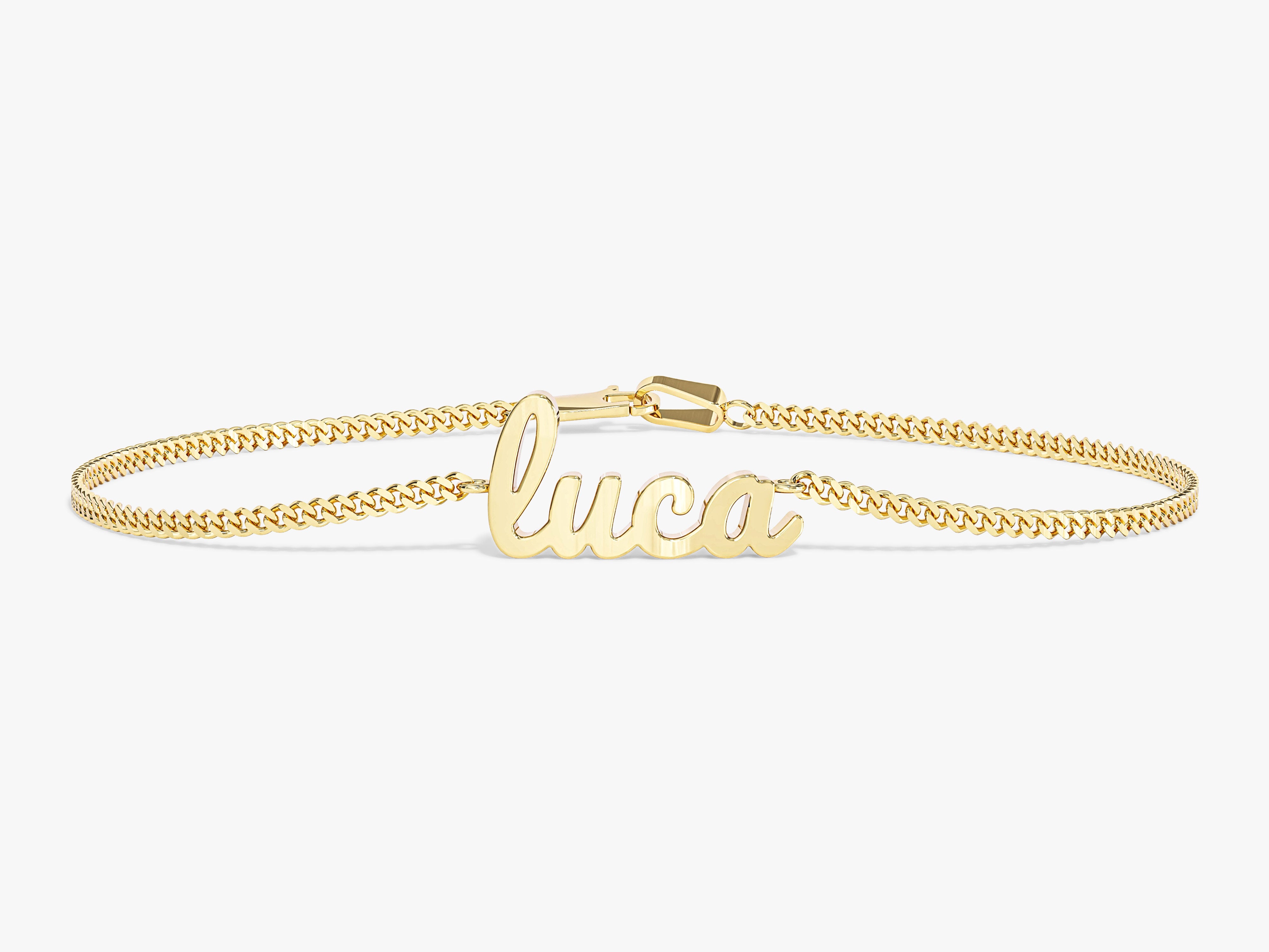 Gold name bracelet with "Luca" script, curb chain, jewelry
