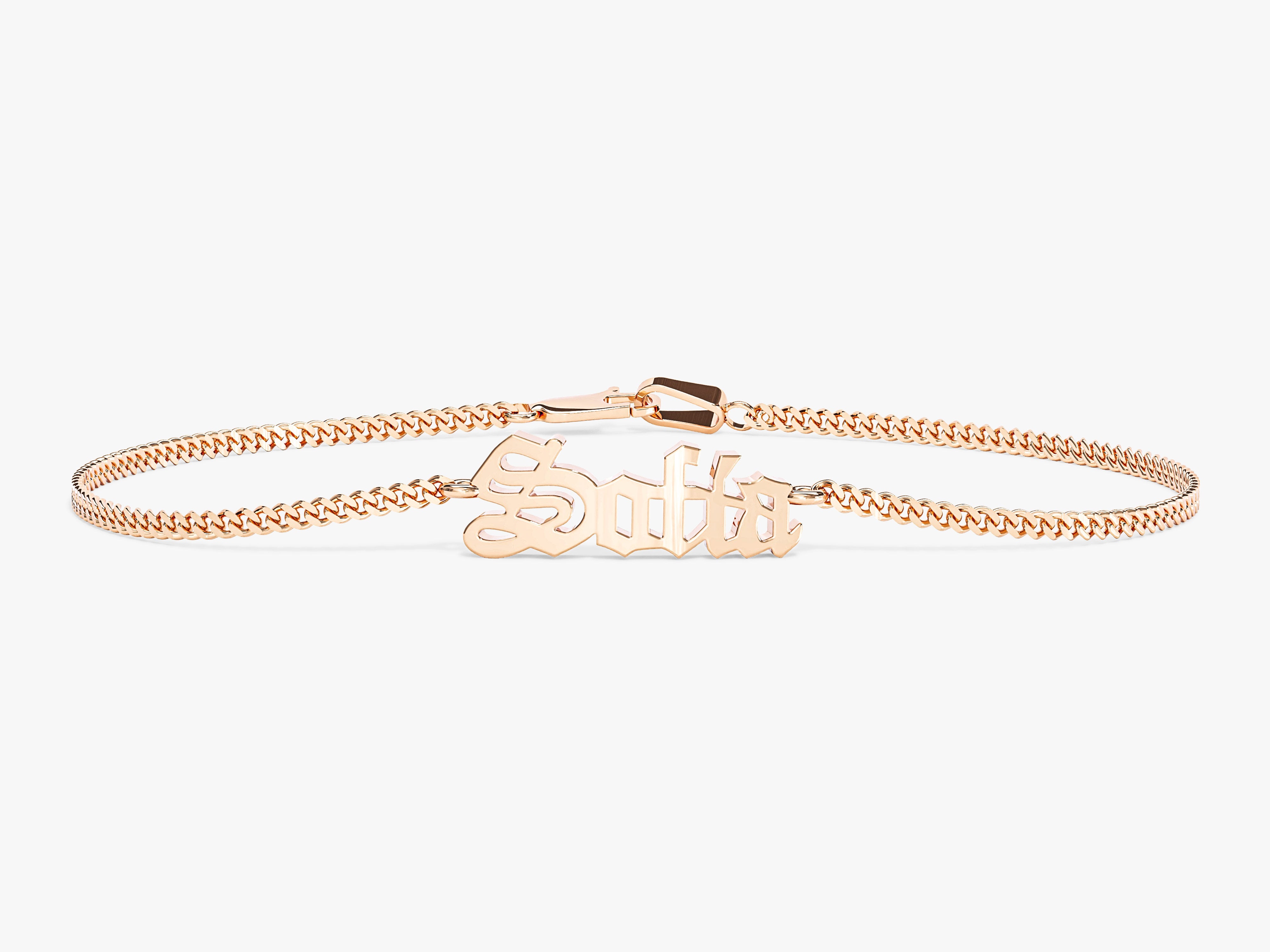 Rose gold name bracelet with cuban chain and gothic font