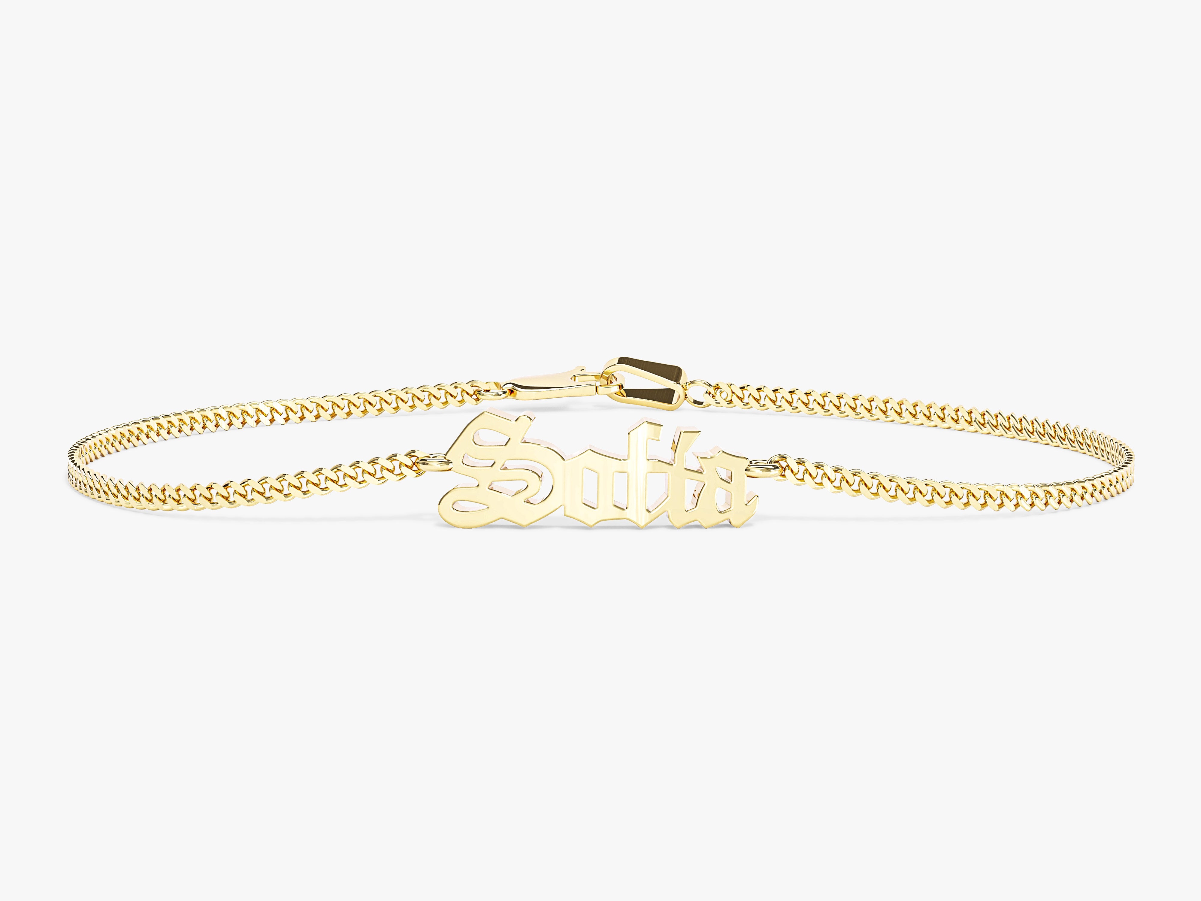 Gold name bracelet with cuban link chain and gothic font