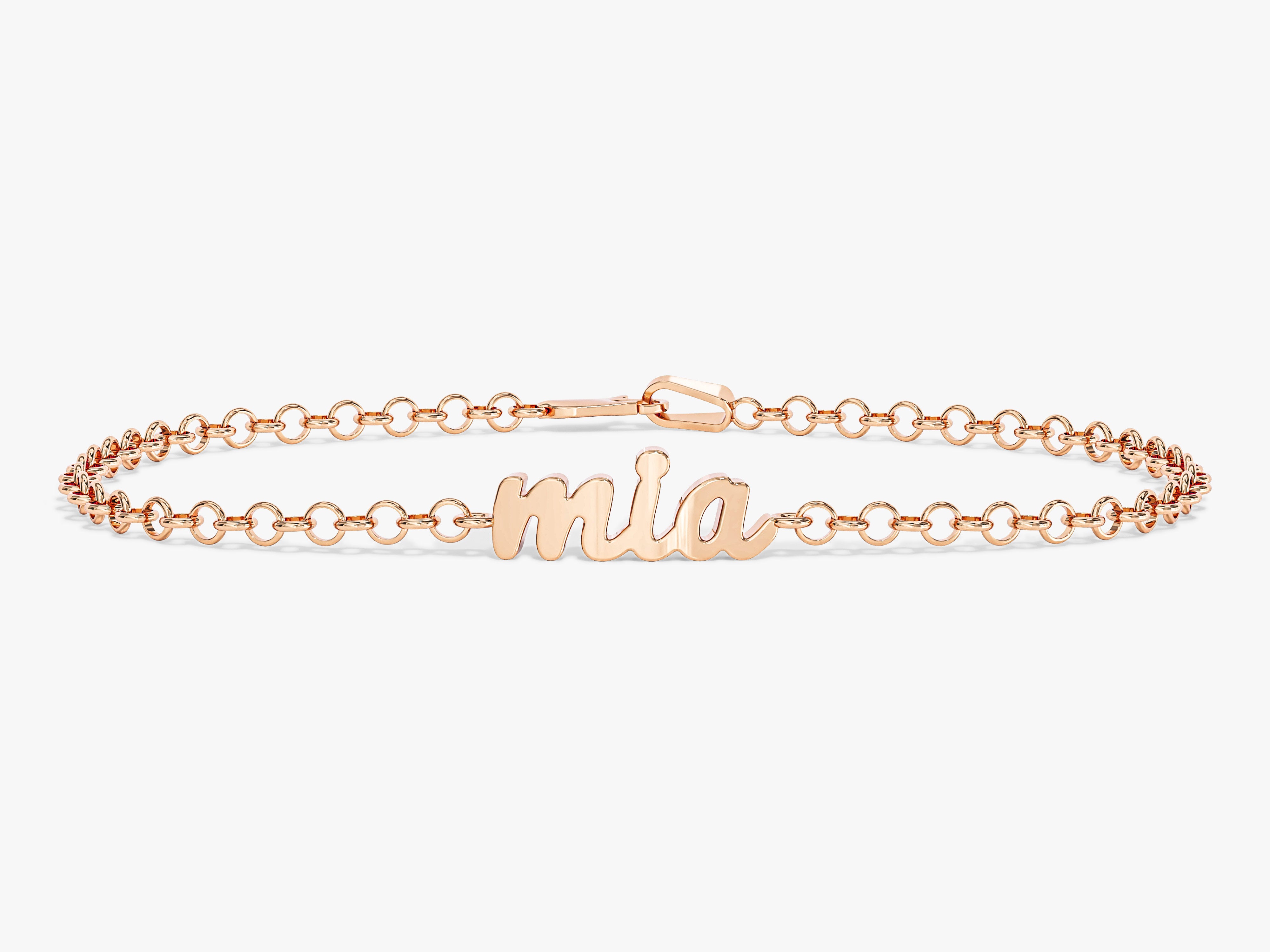 Rose gold "mia" nameplate bracelet for jewelry company