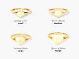 Gold heart signet rings with initial engraving, available in four sizes