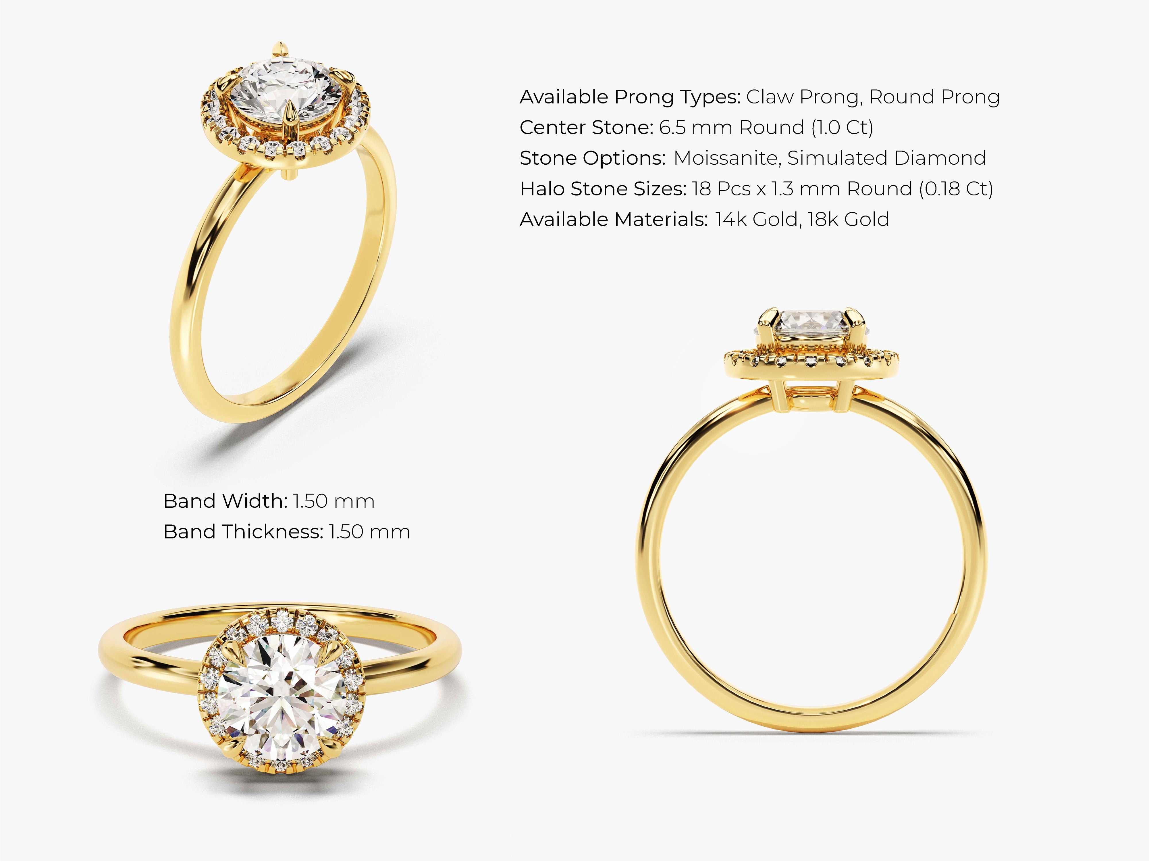 Gold halo ring with round diamond center stone
