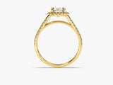 Gold diamond halo engagement ring with pavé band