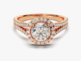 Rose gold diamond engagement ring with halo and double band