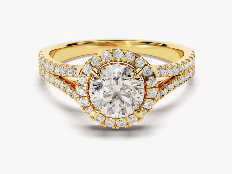 Luxury gold diamond engagement ring with halo setting