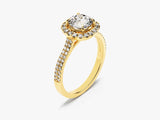 Gold diamond halo engagement ring with pave band