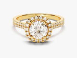 Gold oval diamond engagement ring with double halo and diamond band