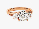 Rose gold three-stone diamond engagement ring with pave band