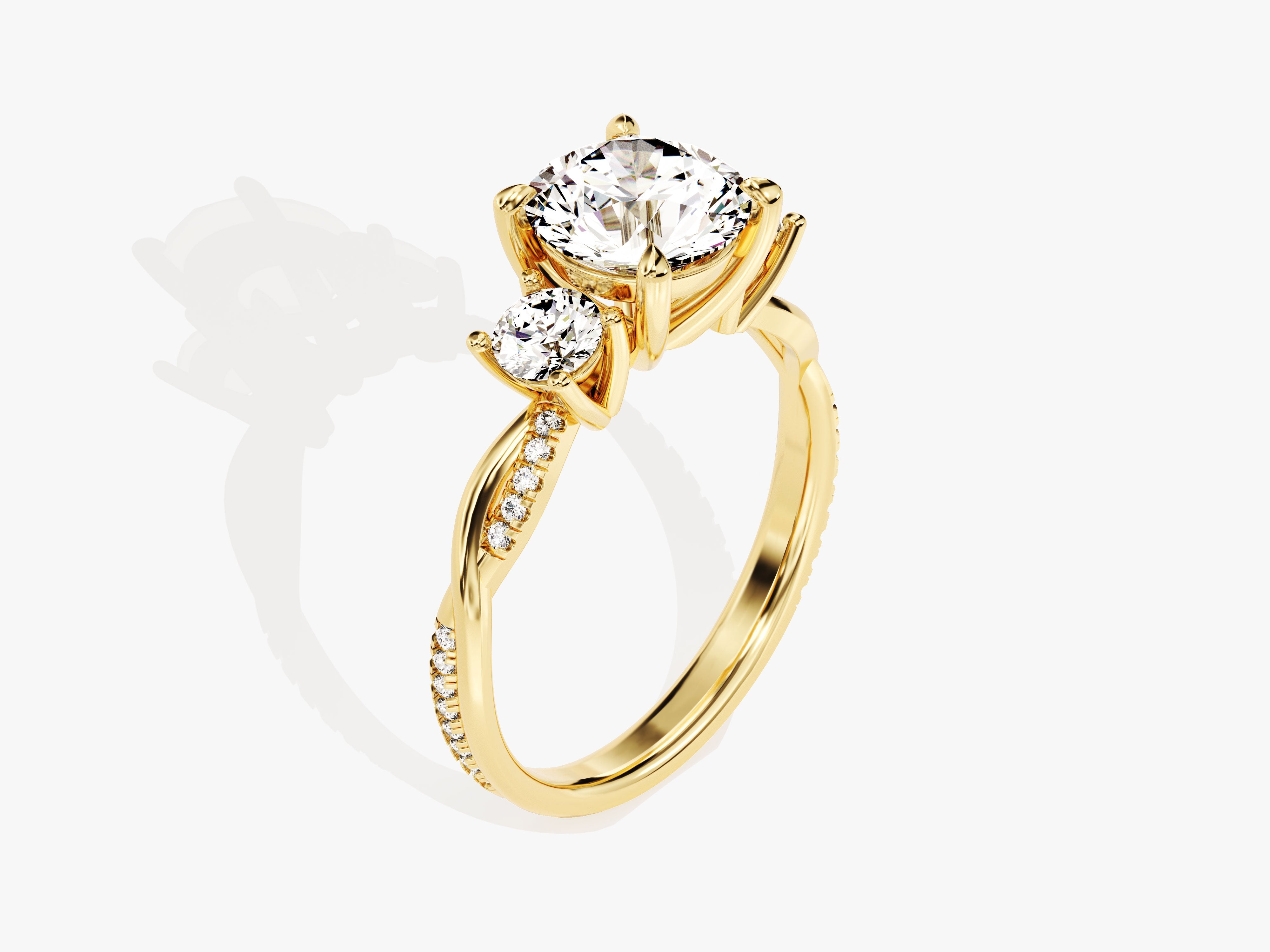 Gold diamond engagement ring with twisted band and accent stones