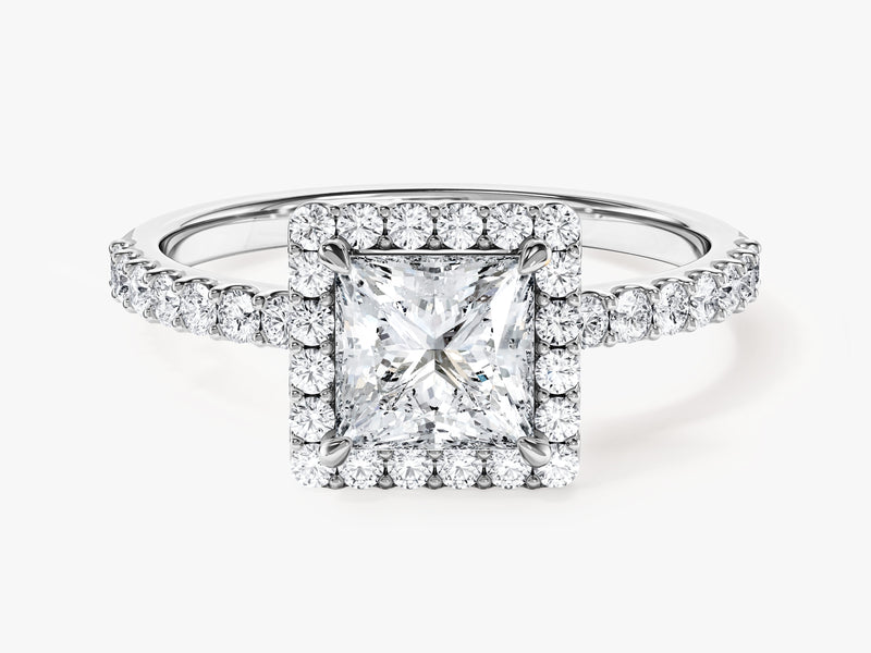 Moissanit Verlobungsring im Prinzessschliff Halo mit Pave-Seitensteinen (1,00 CT)