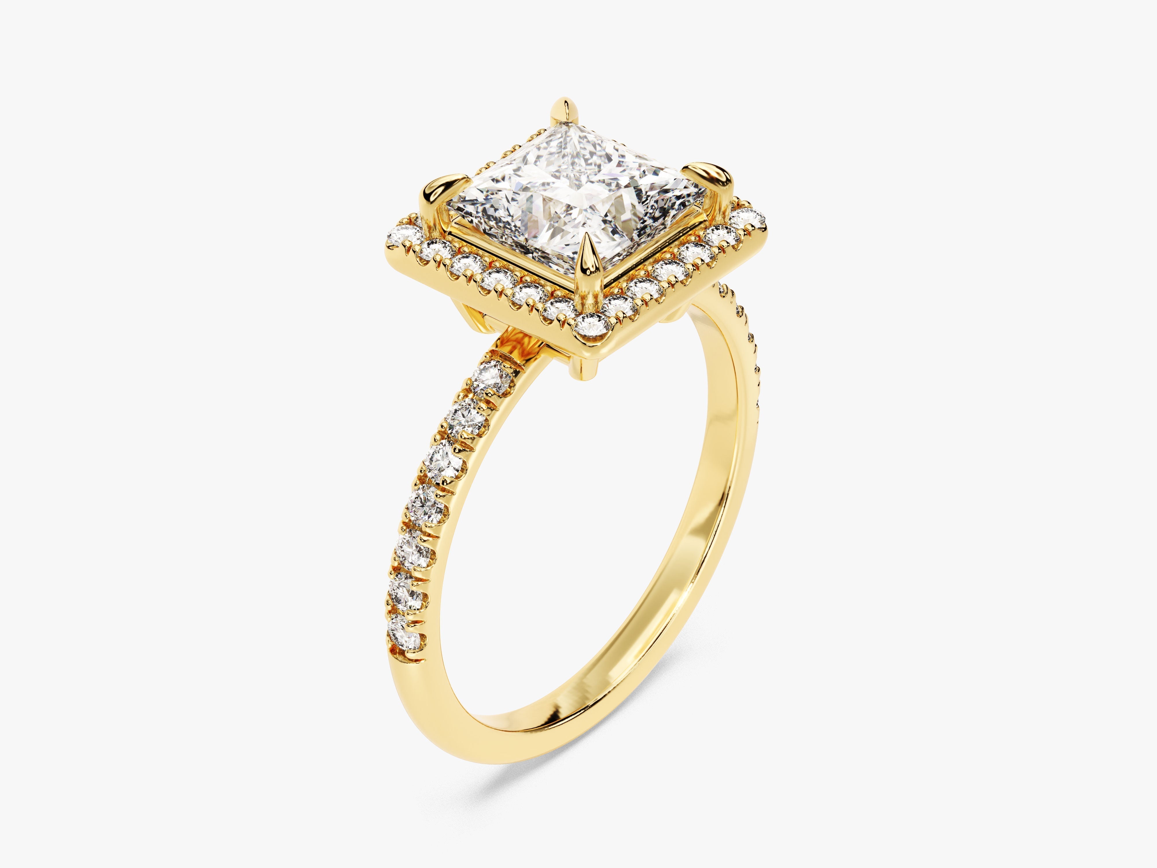 Moissanit Verlobungsring im Prinzessschliff Halo mit Pave-Seitensteinen (1.50 CT)