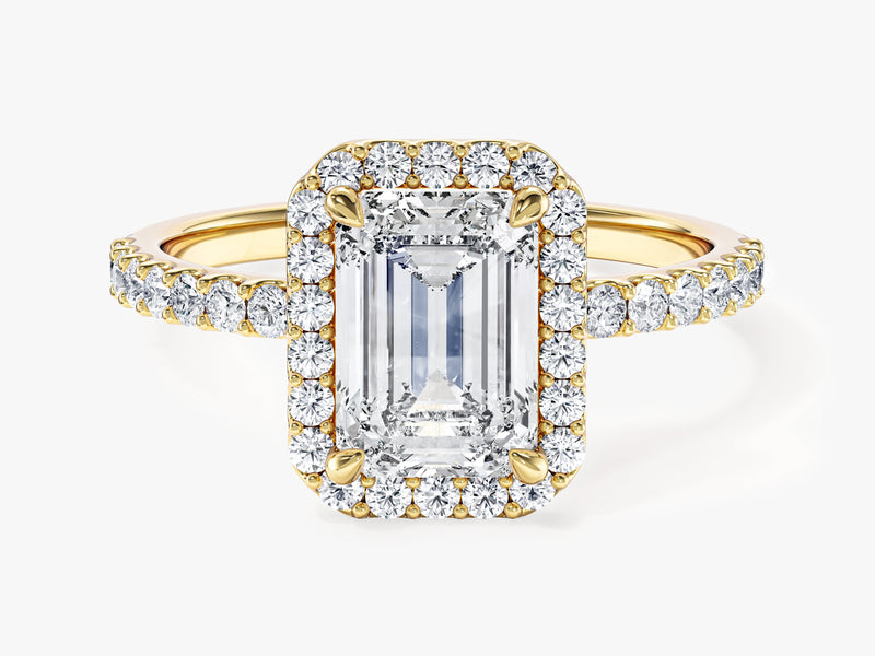 Moissanit Verlobungsring im Smaragdschliff Halo mit Pave-Seitensteinen (1,50 CT)