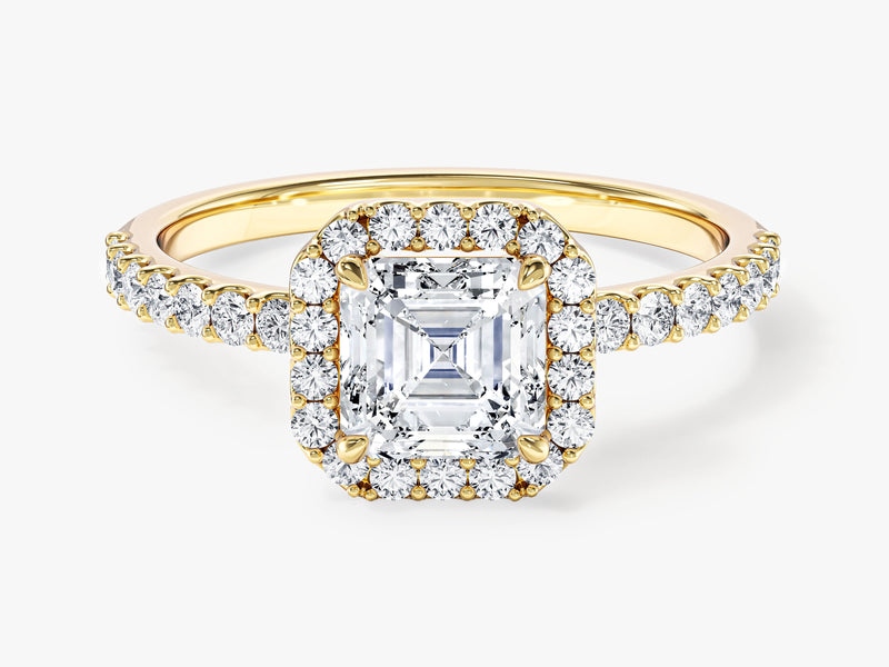 Moissanit Verlobungsring im Asscherschliff Halo mit Pave-Seitensteinen (1.00 CT)