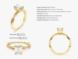 Emerald cut diamond ring with twisted band and pave diamonds