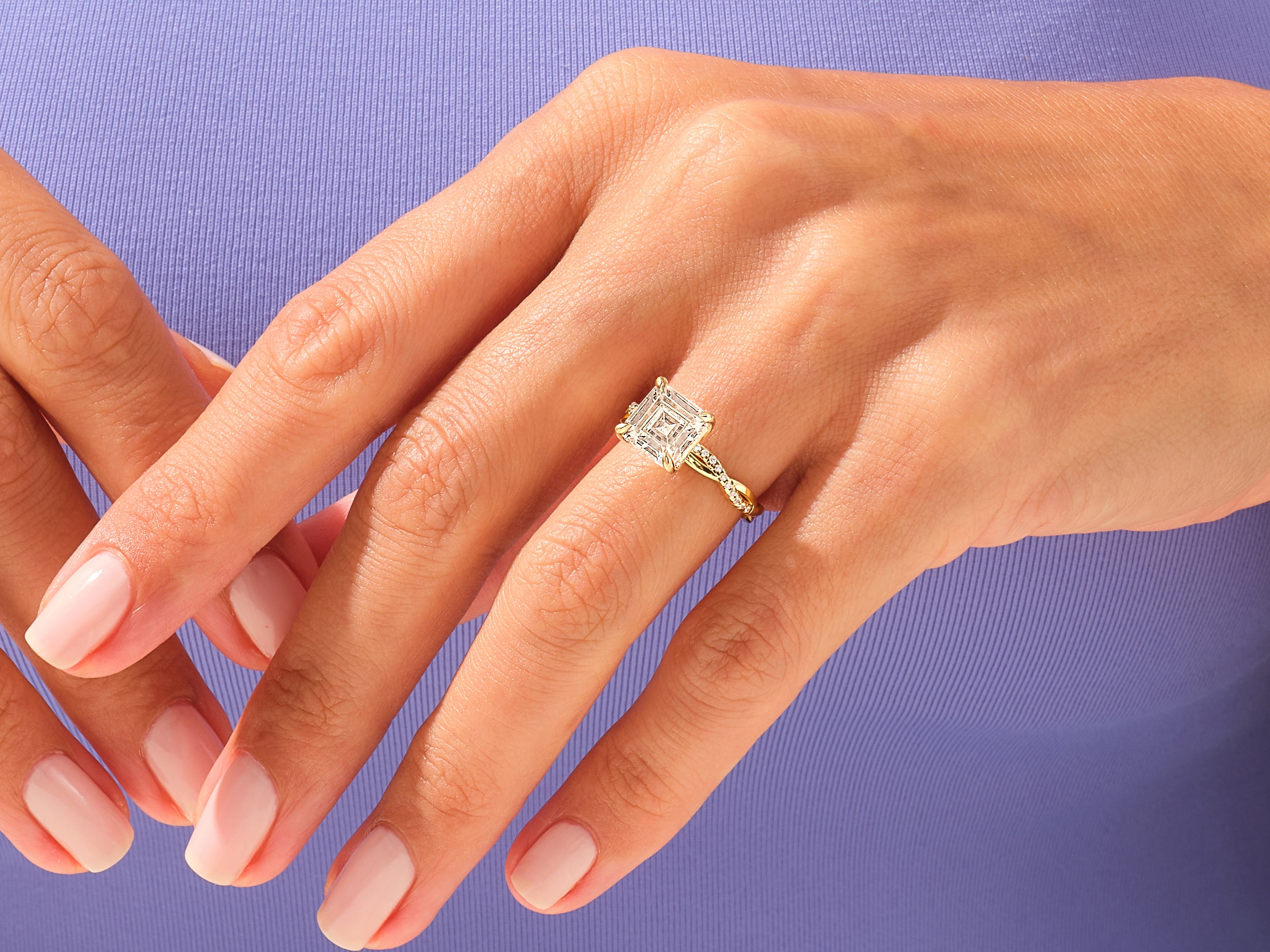 Asscher Twisted Lab Grown Diamond Engagement Ring with Pave Set Side Stones (3.00 CT)
