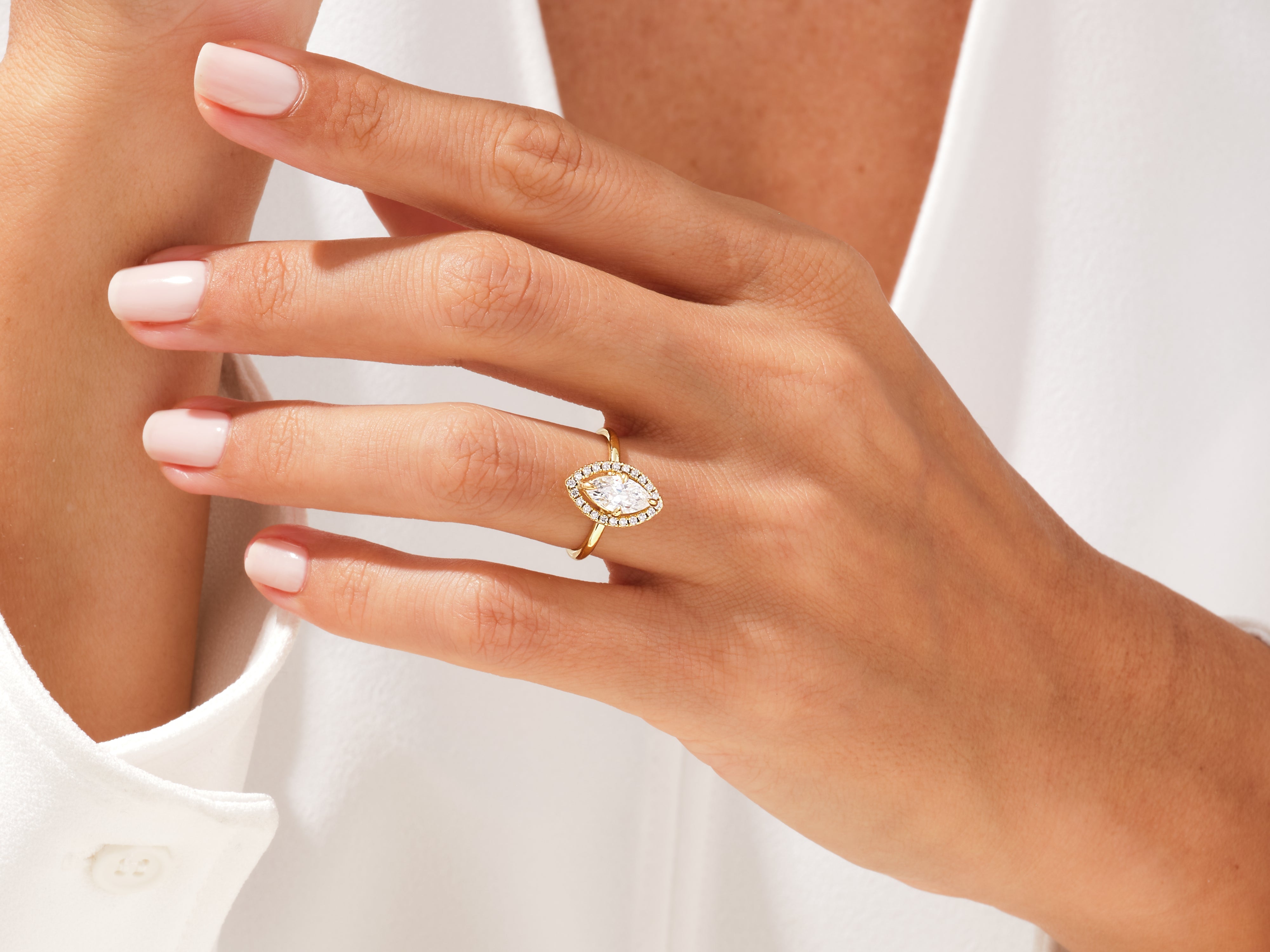 Gold marquise diamond ring with halo, jewelry for women