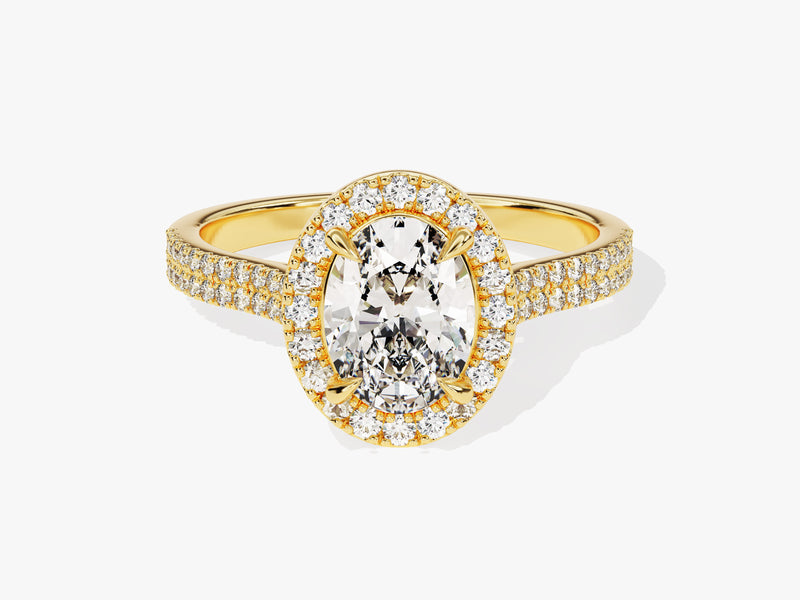 Gold oval diamond halo ring with pave band