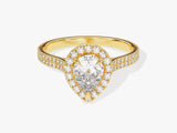 Gold pear-shaped diamond halo engagement ring