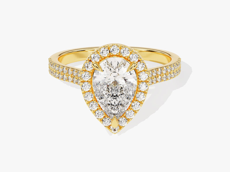 Gold pear-shaped diamond engagement ring with halo and pave band