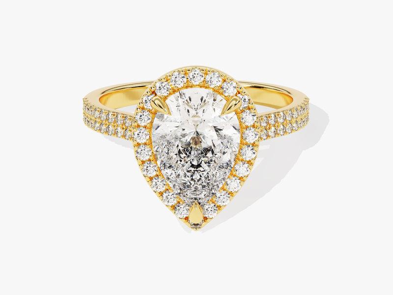 Gold pear-shaped diamond halo engagement ring with pave band