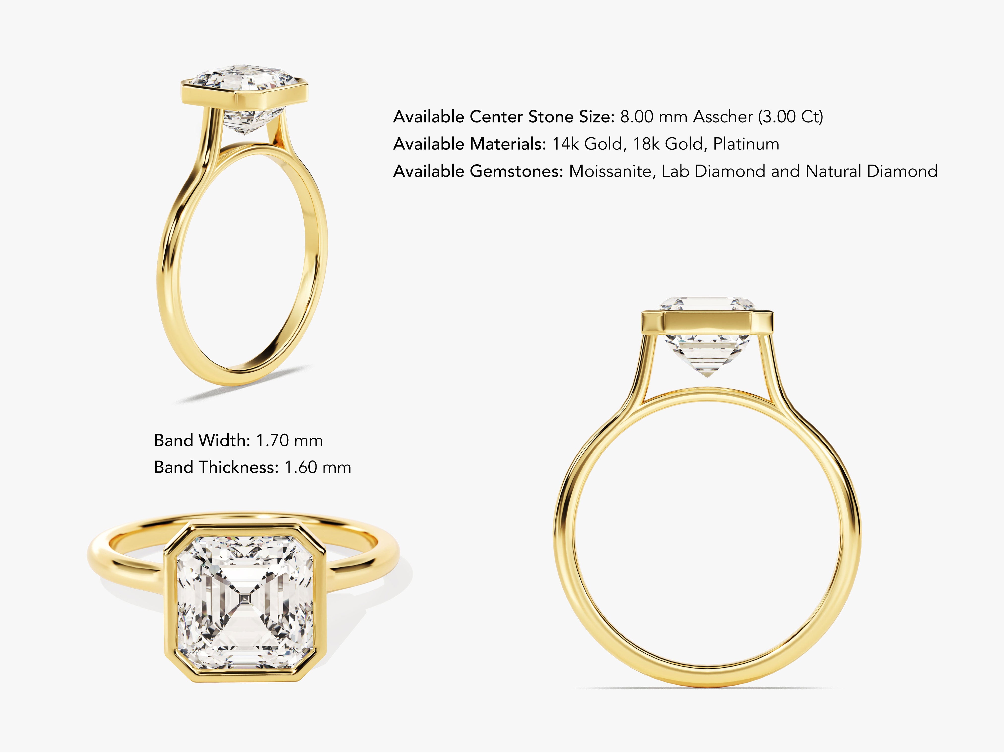Gold Asscher cut diamond engagement ring, 14k, 18k, platinum