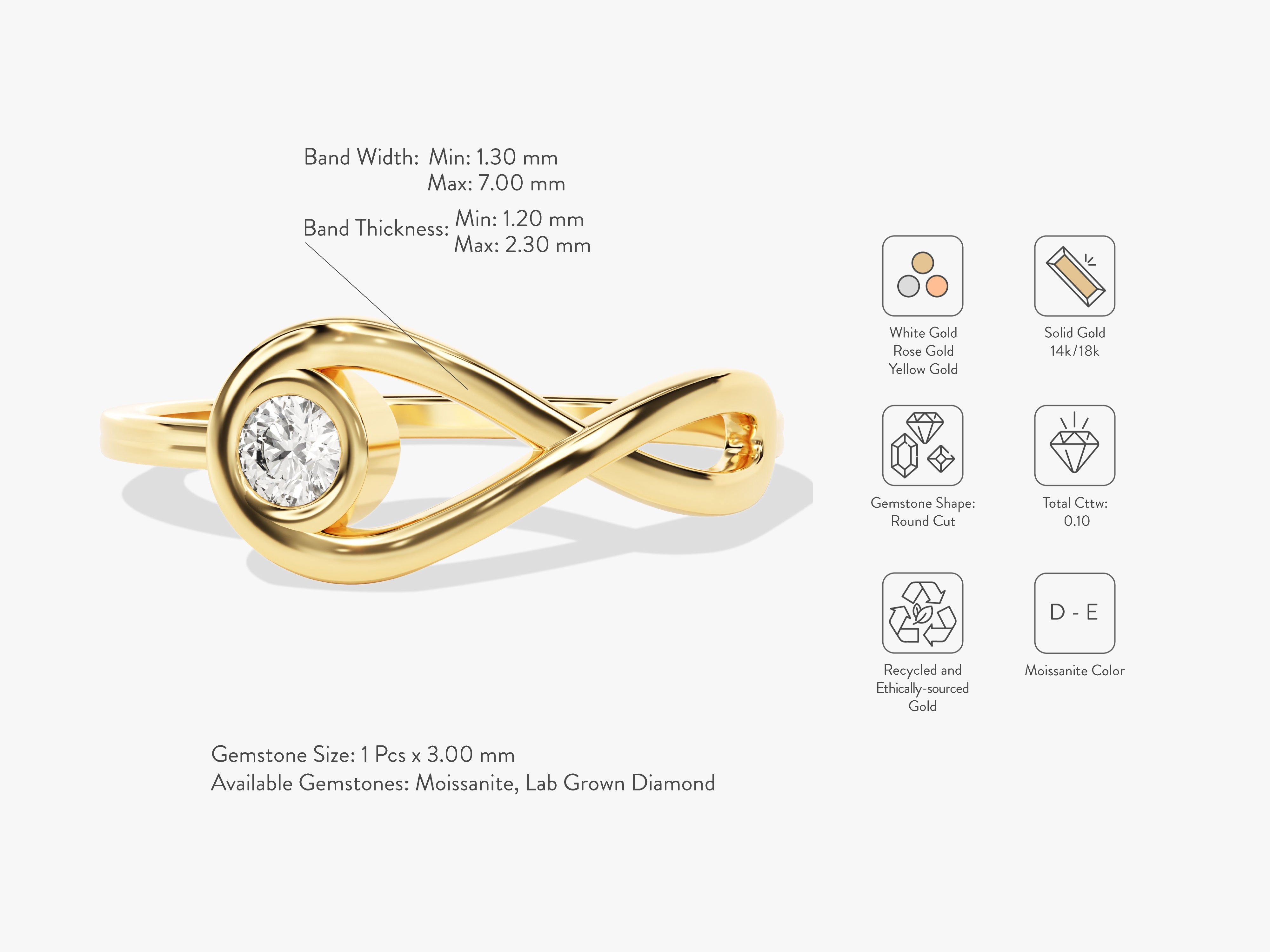 Gold infinity ring with moissanite gemstone, jewelry