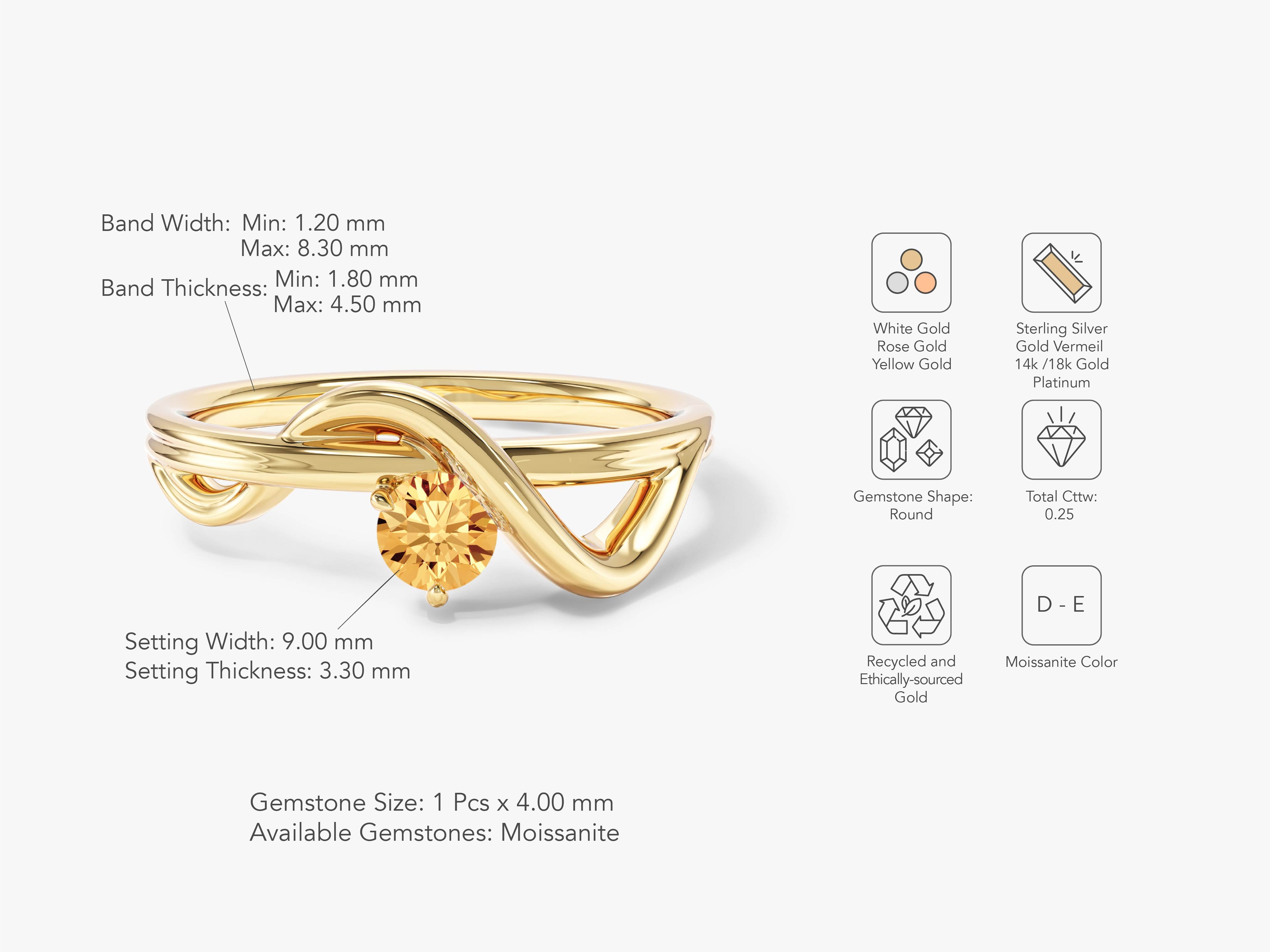 Gold ring with round moissanite gemstone, jewelry details