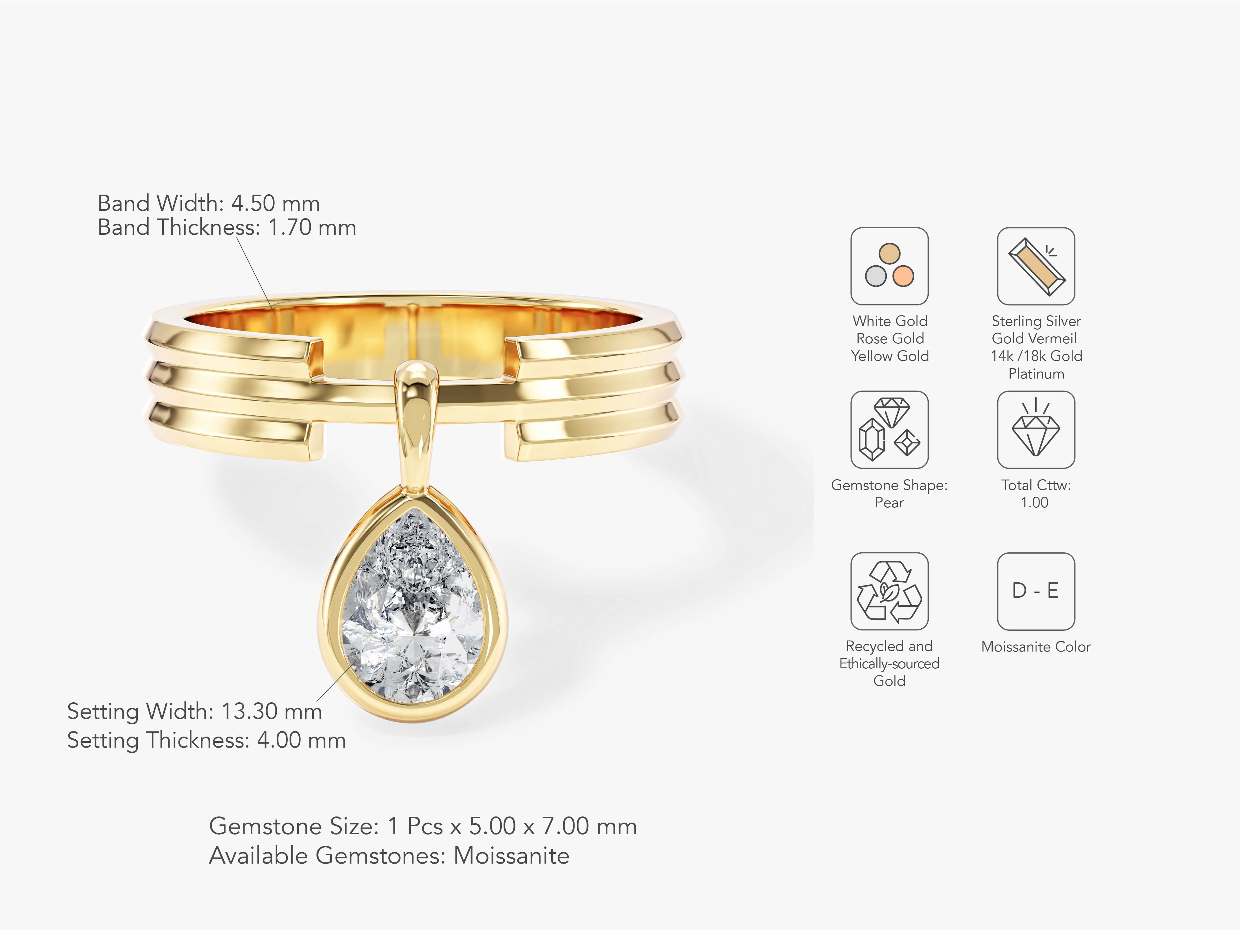 Gold ring with pear-shaped moissanite gemstone, jewelry product