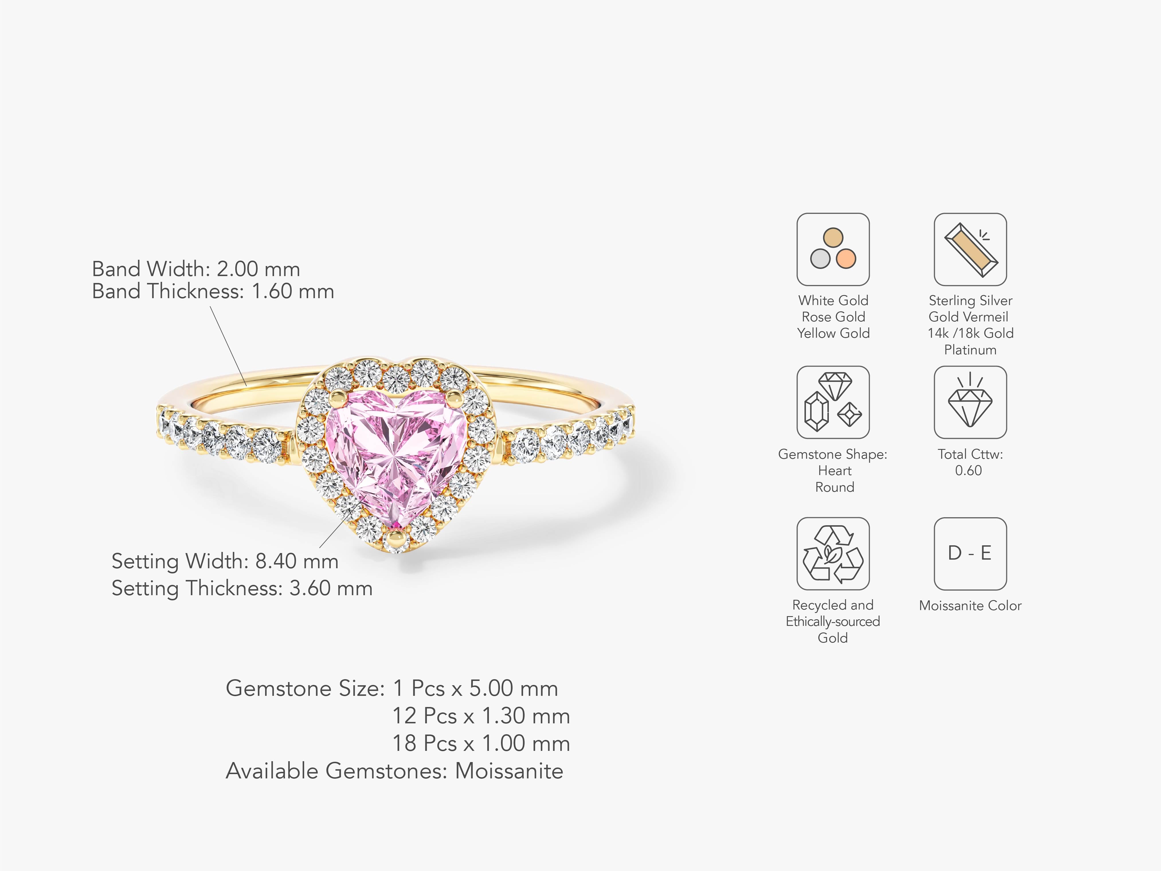 Gold heart halo ring with pink moissanite and diamonds