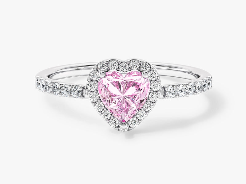 Pink heart diamond halo ring with pave band
