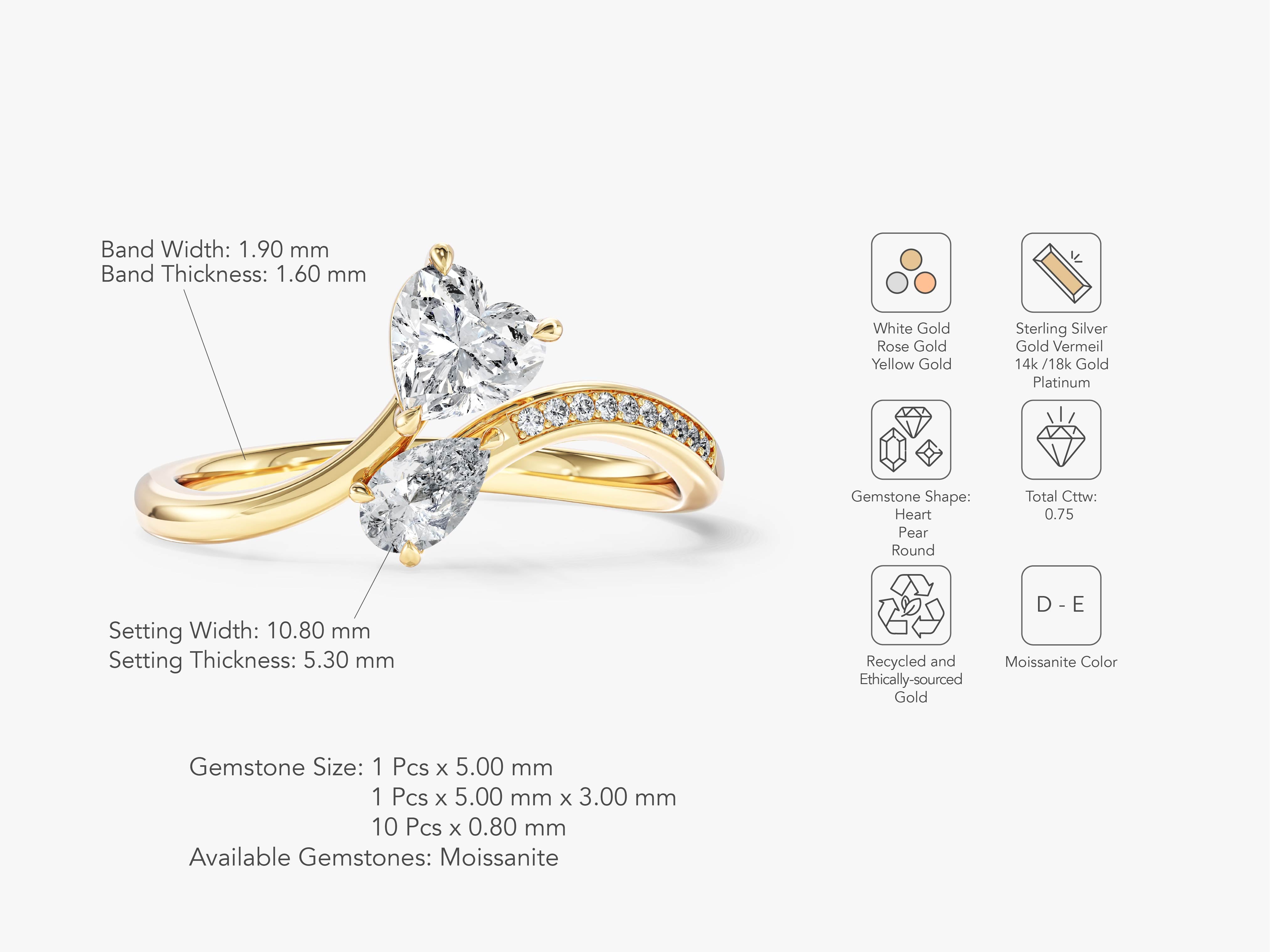 Gold ring with two pear-shaped moissanite diamonds