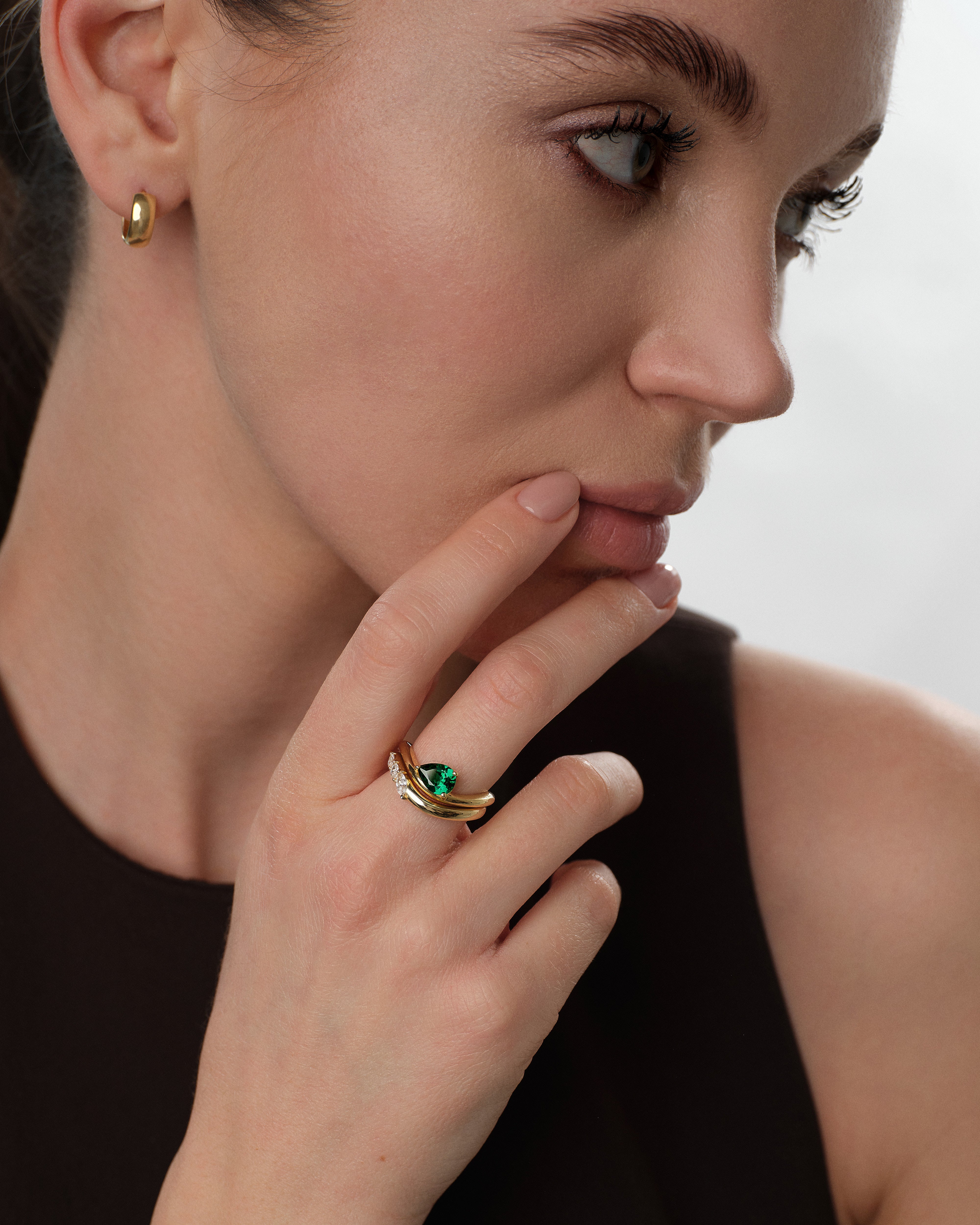 Curved Birthstone Ring with Marquise Sidestones