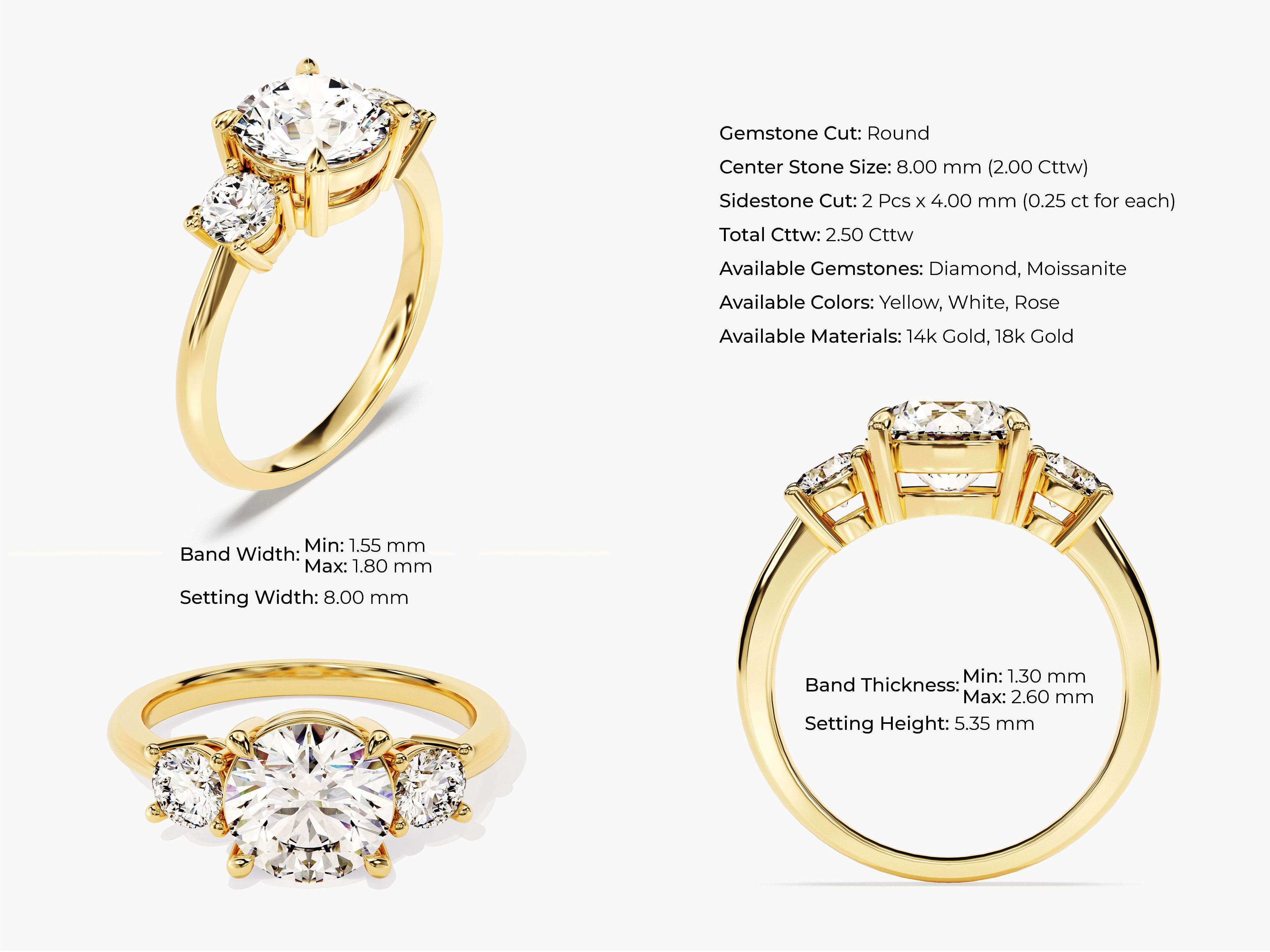 Gold three-stone diamond ring with round center stone