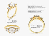 Gold three-stone diamond ring with round center stone