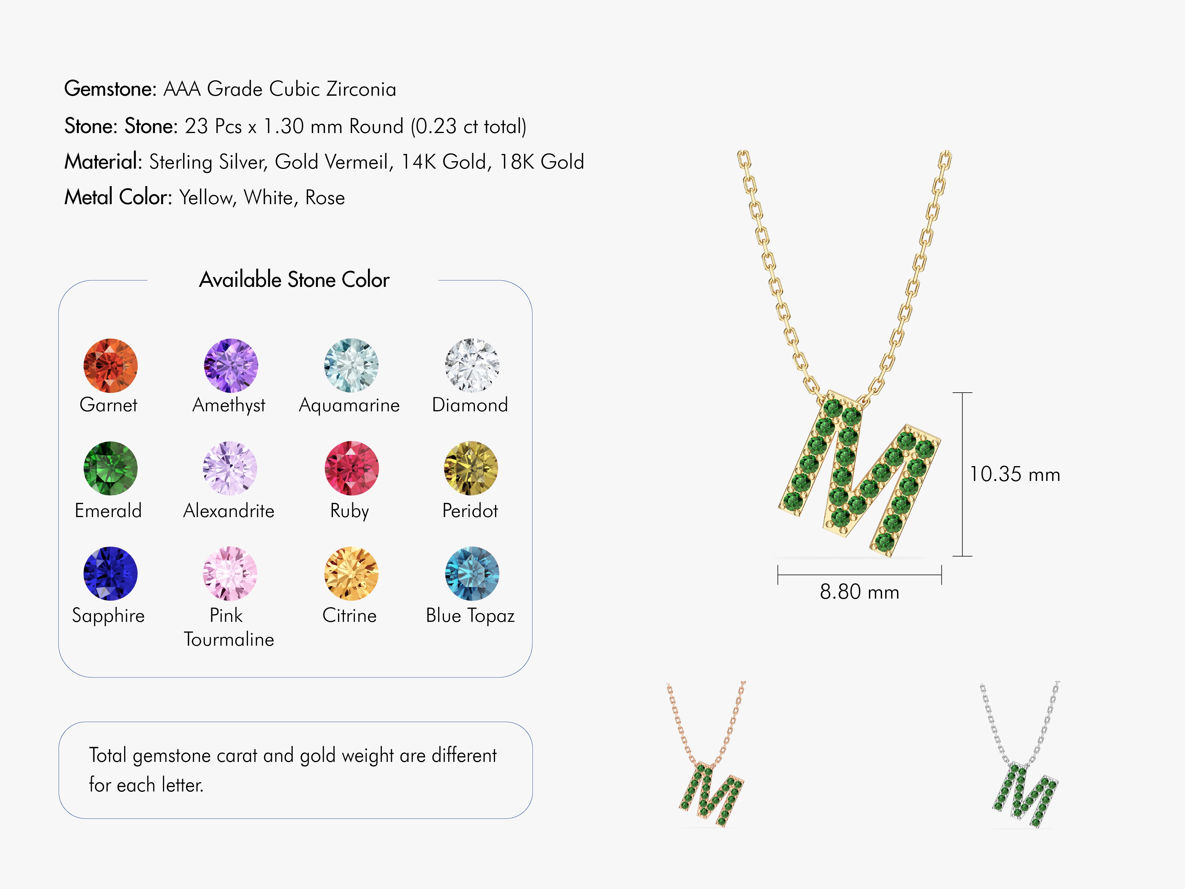 Letter M necklace with green gemstones, sterling silver, gold vermeil