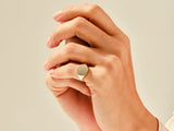 Gold signet ring on a hand, elegant jewelry for women