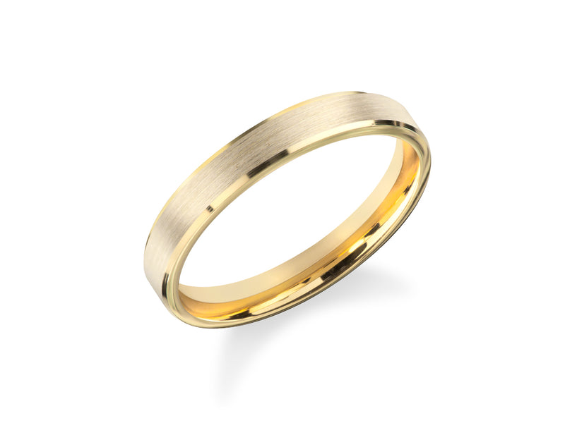 Gold wedding band with brushed finish and polished edges