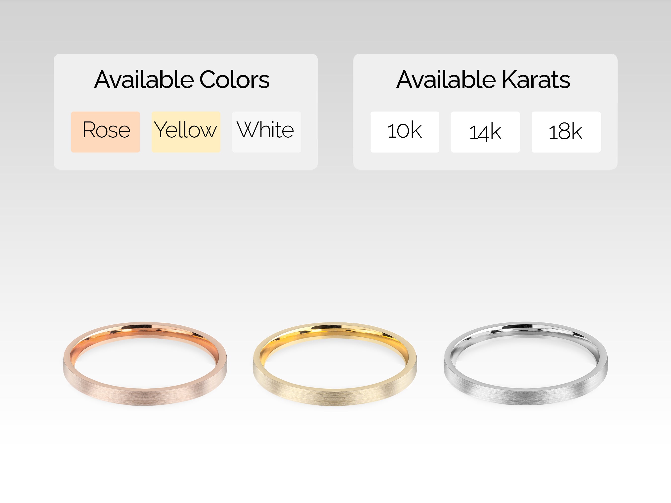 Jewelry rings in rose, yellow, white gold, 10k, 14k, 18k