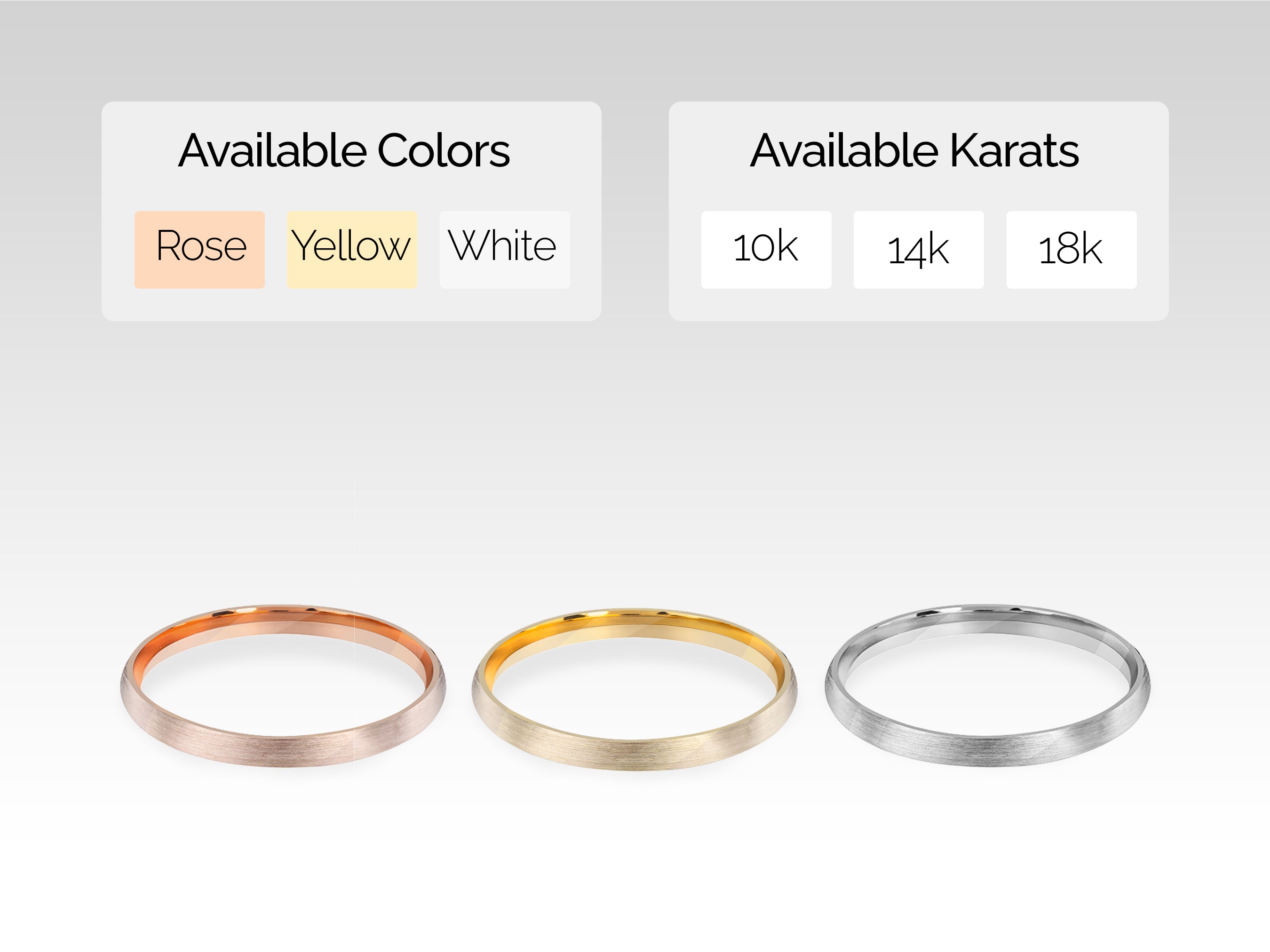 Jewelry rings available in rose, yellow, white gold, and multiple karats