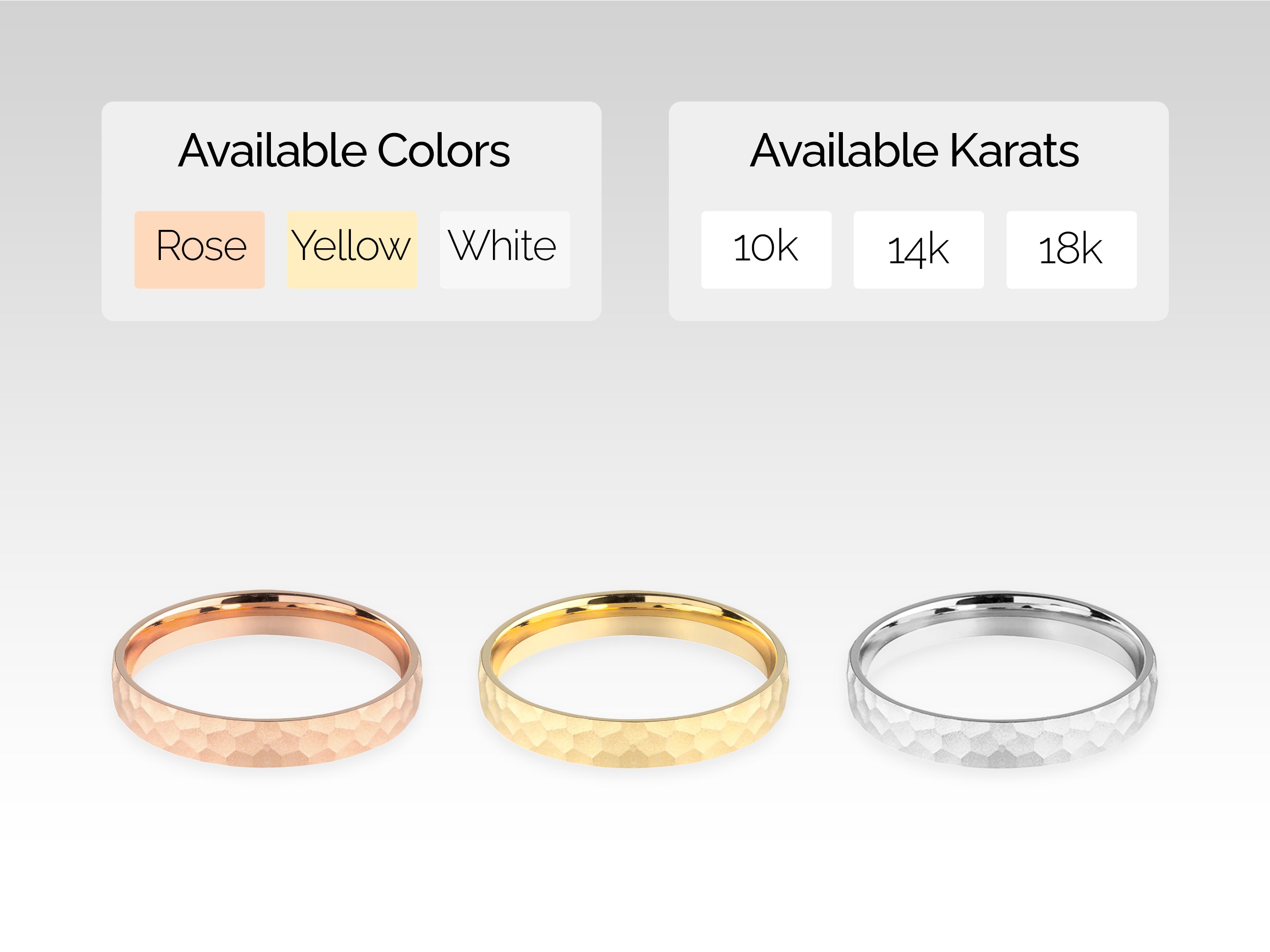 Jewelry rings available in rose, yellow, white gold, 10k, 14k, 18k