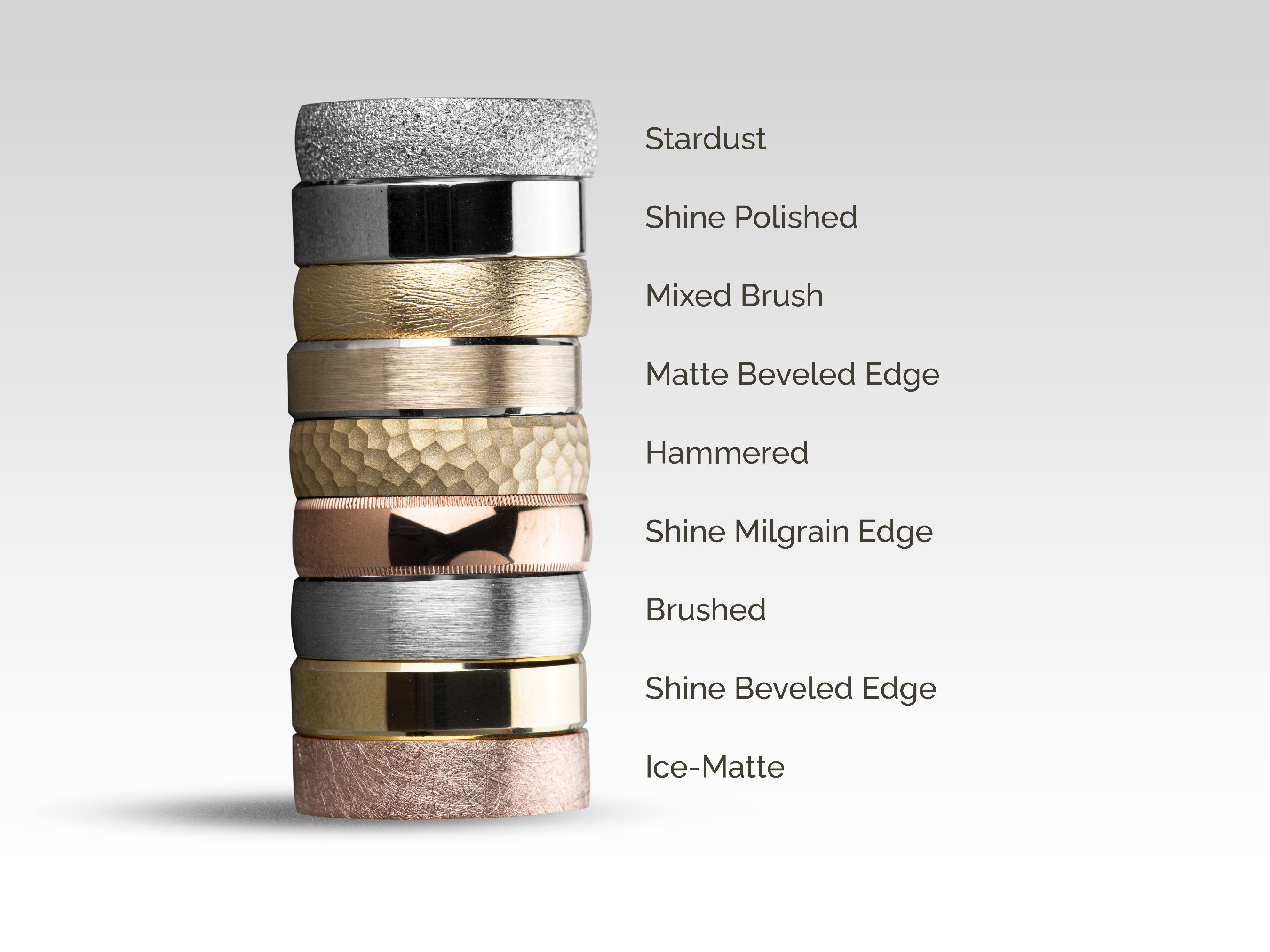 Jewelry rings collection: Stardust, Shine Polished, Mixed Brush, Matte Beveled Edge, Hammered